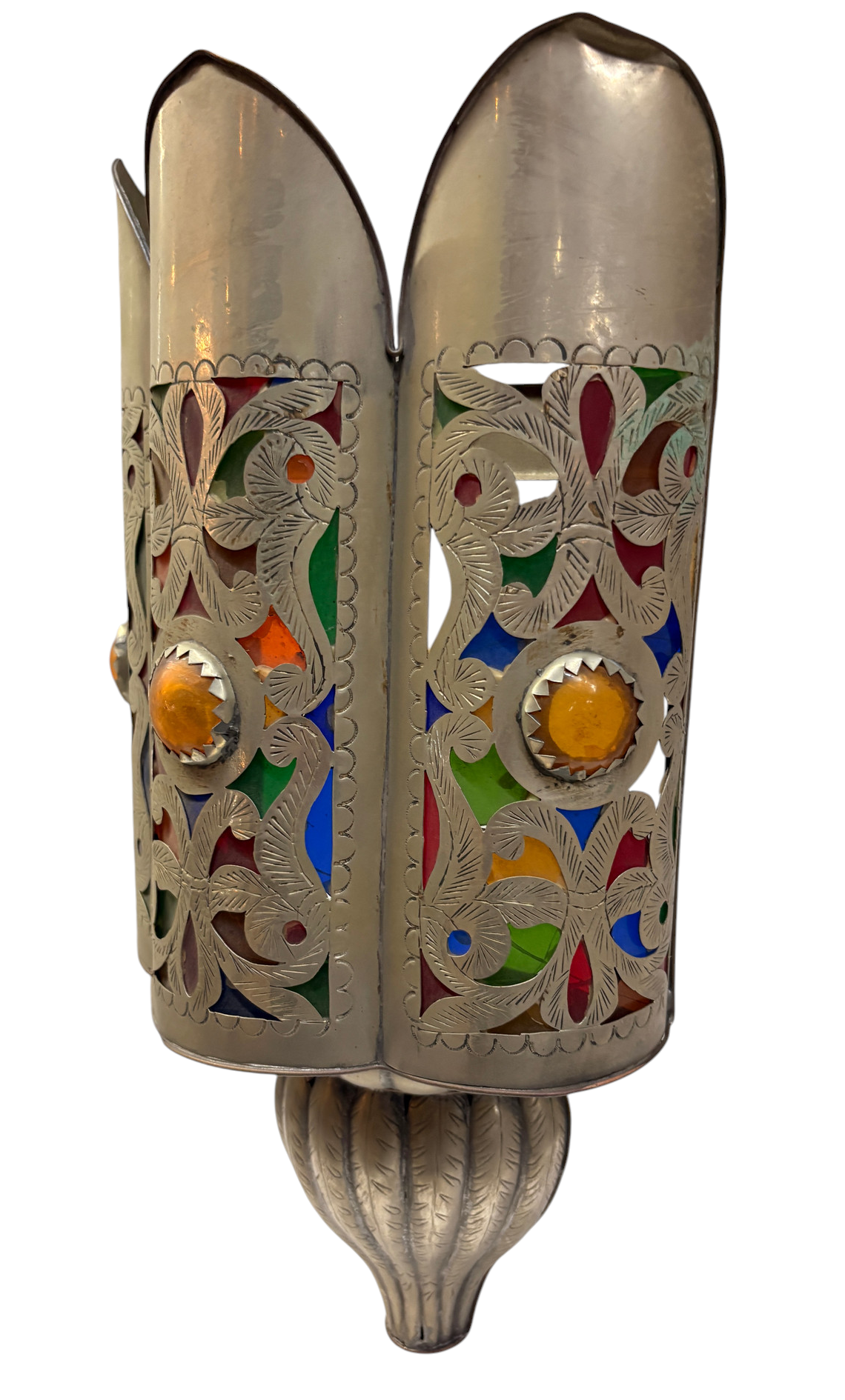 Silver-Plated Brass Crown Sconce with Stained Glass