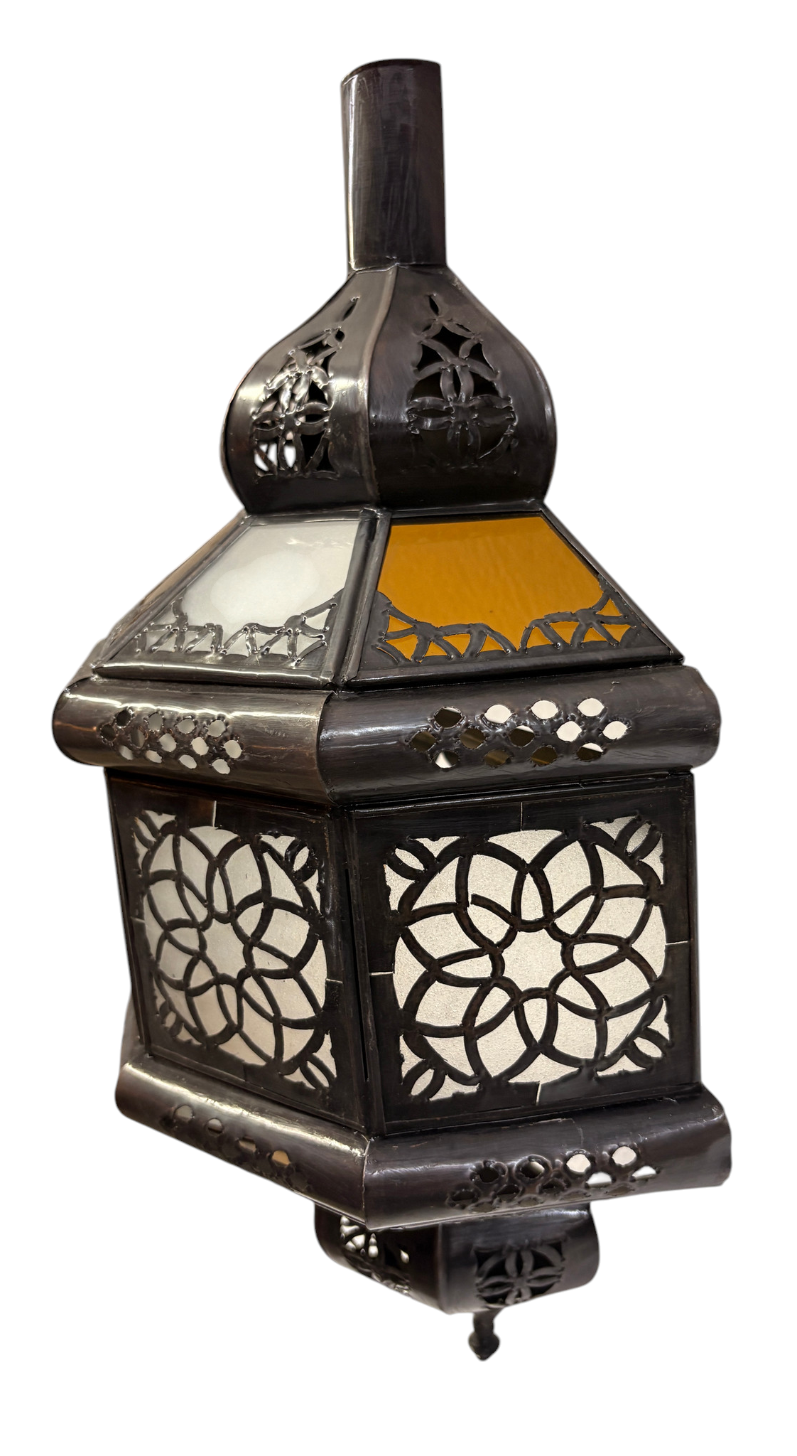 Hexagonal Lantern Sconce with Amber Glass