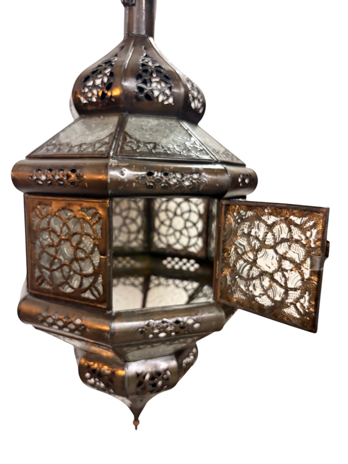 Hexagonal Hanging Lantern with Multicolor Glass