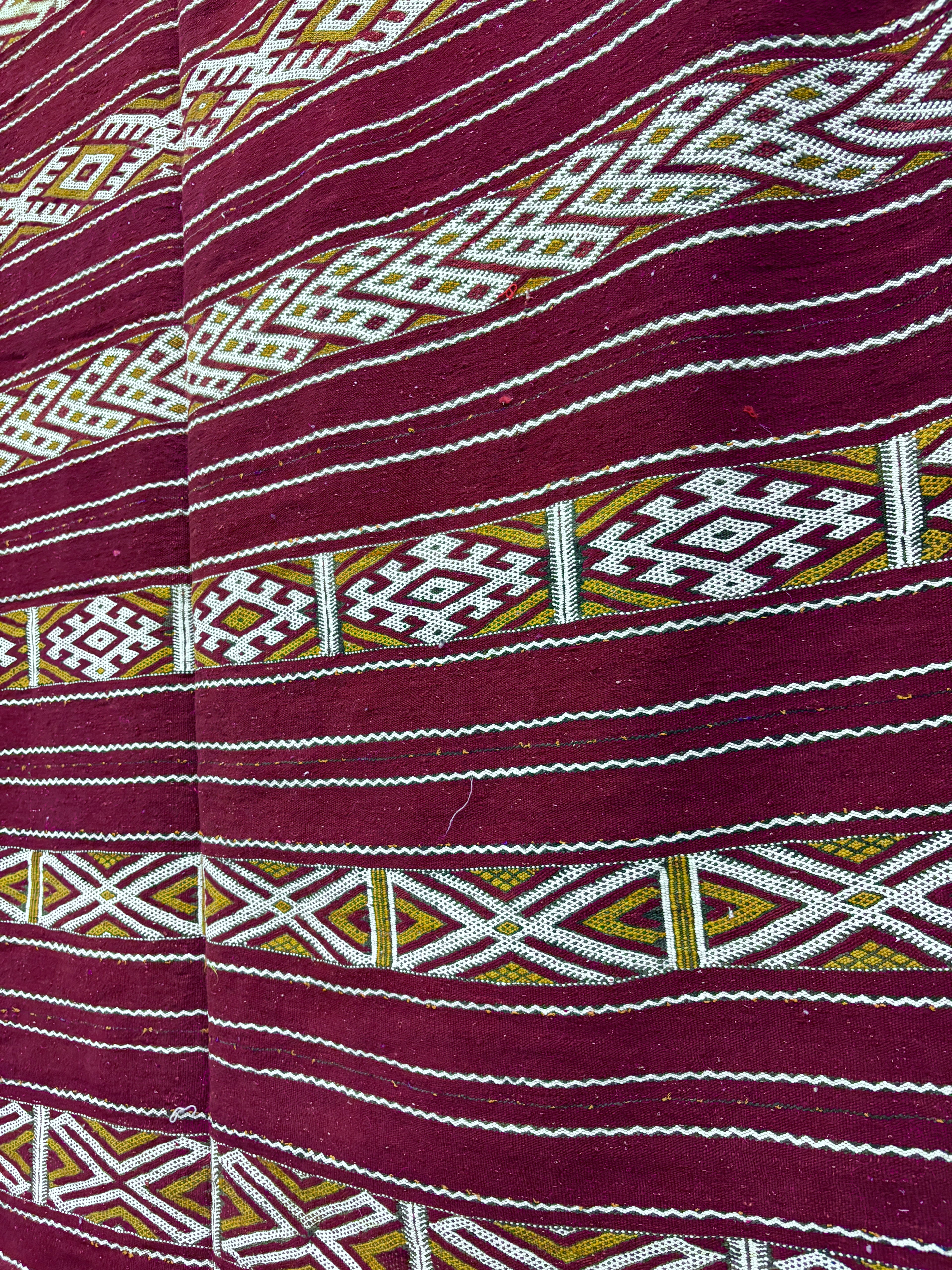 Vintage Zemmour Moroccan Kilim in Crimson Wool with Ivory Diamond Bands