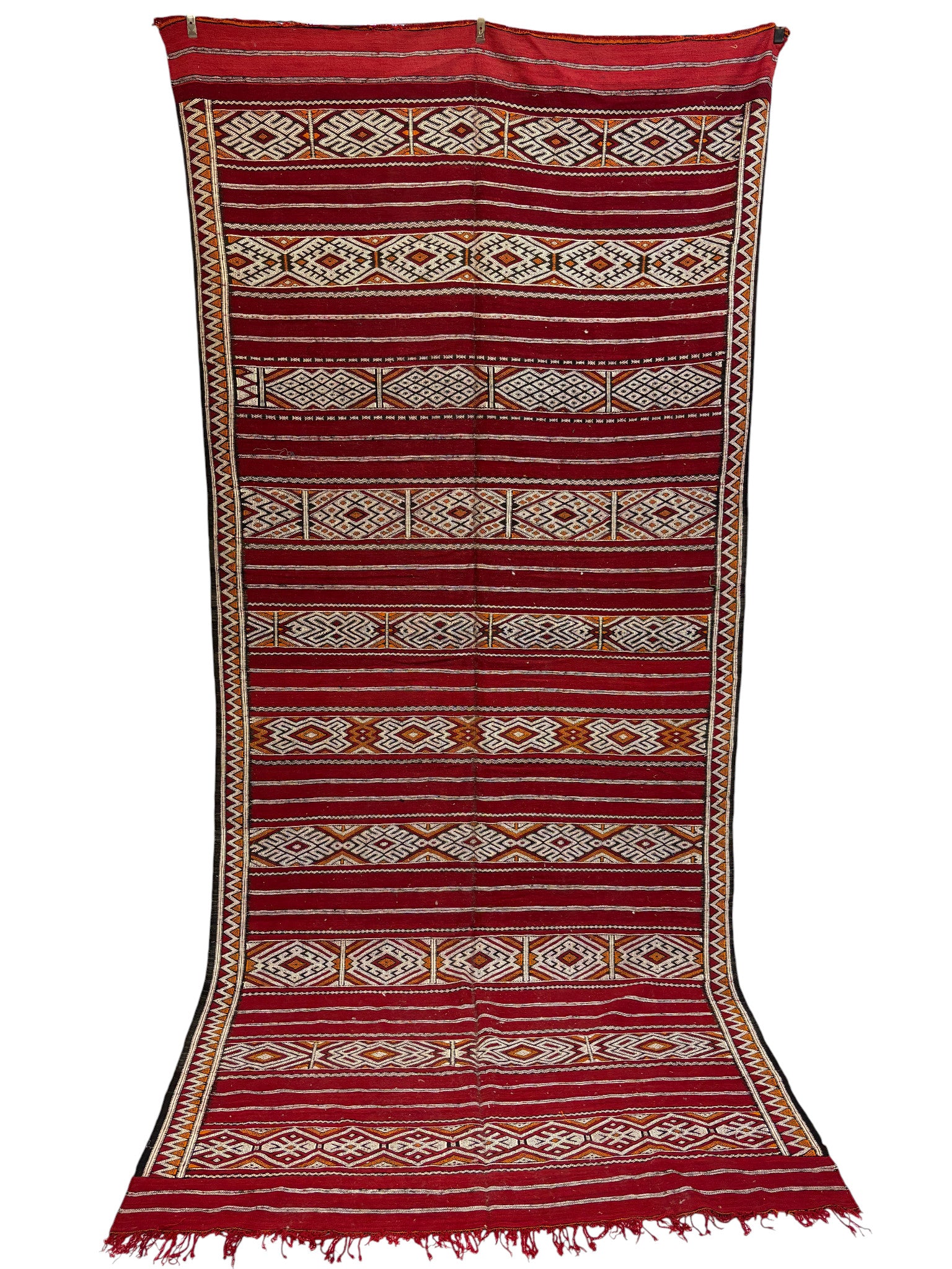 Vintage Zemmour Moroccan Kilim with Crimson Field and Bordered Diamond Bands