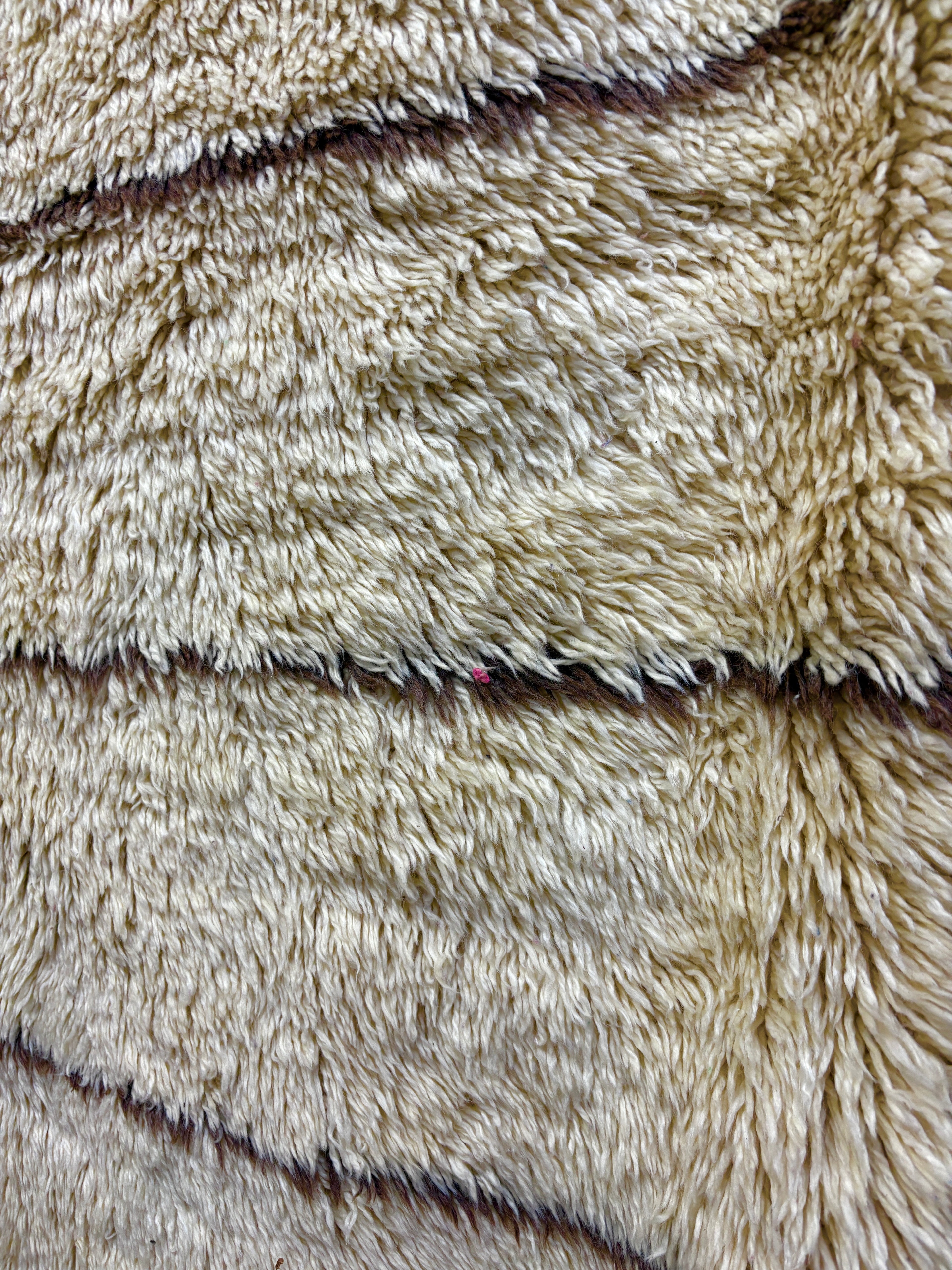 Vintage Marmoucha Moroccan Wool Rug in Ivory Shag with Dark Brown Stripes