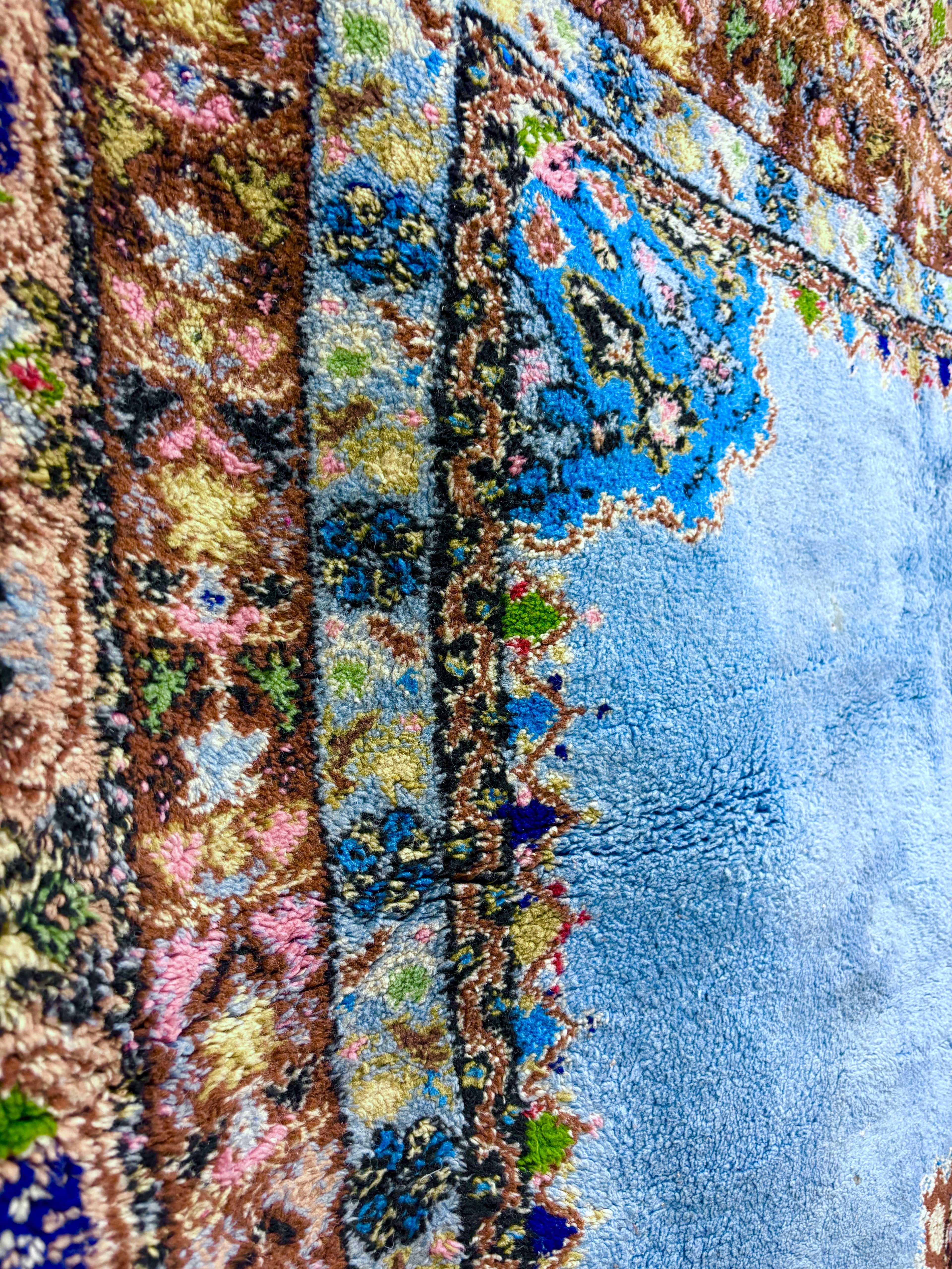 Vintage Rabat Moroccan Rug in Sky Blue Wool with Floral Medallion