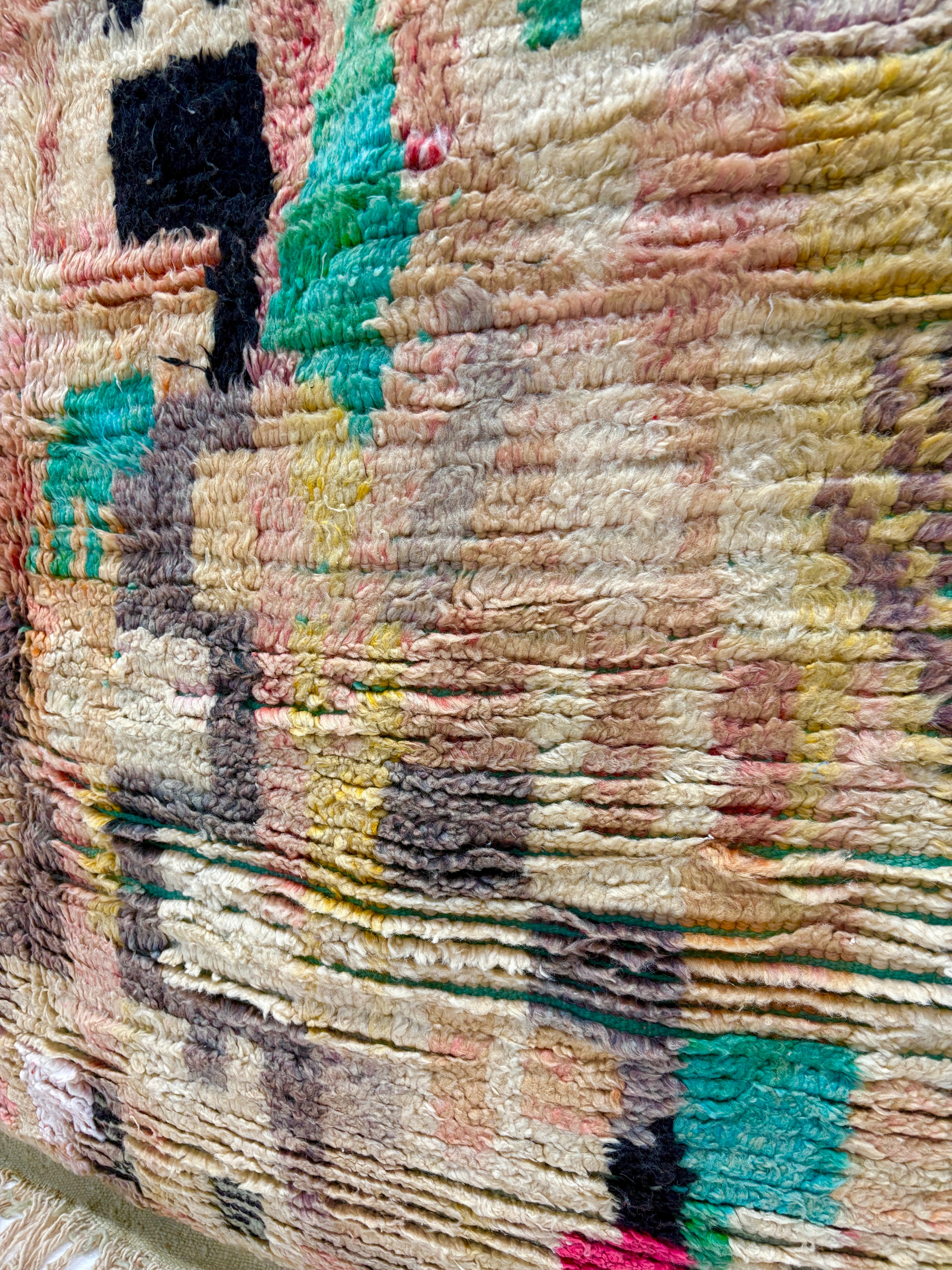 Vintage Azilal Moroccan Rug in Sand Wool with Abstract Green and Pink Composition