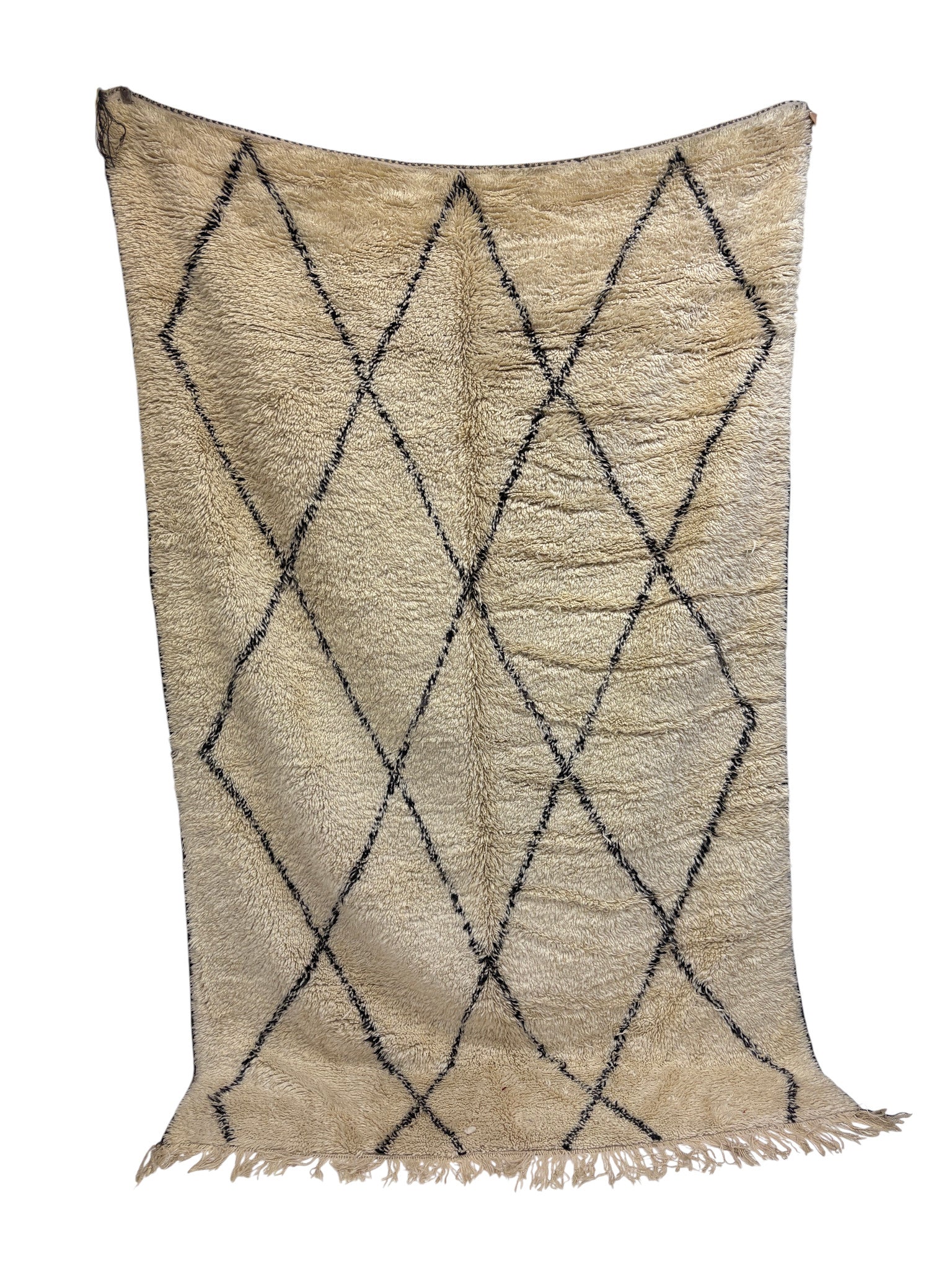 Handwoven Beni Ourain Moroccan Rug in Ivory Wool with Classic Black Diamond Lattice