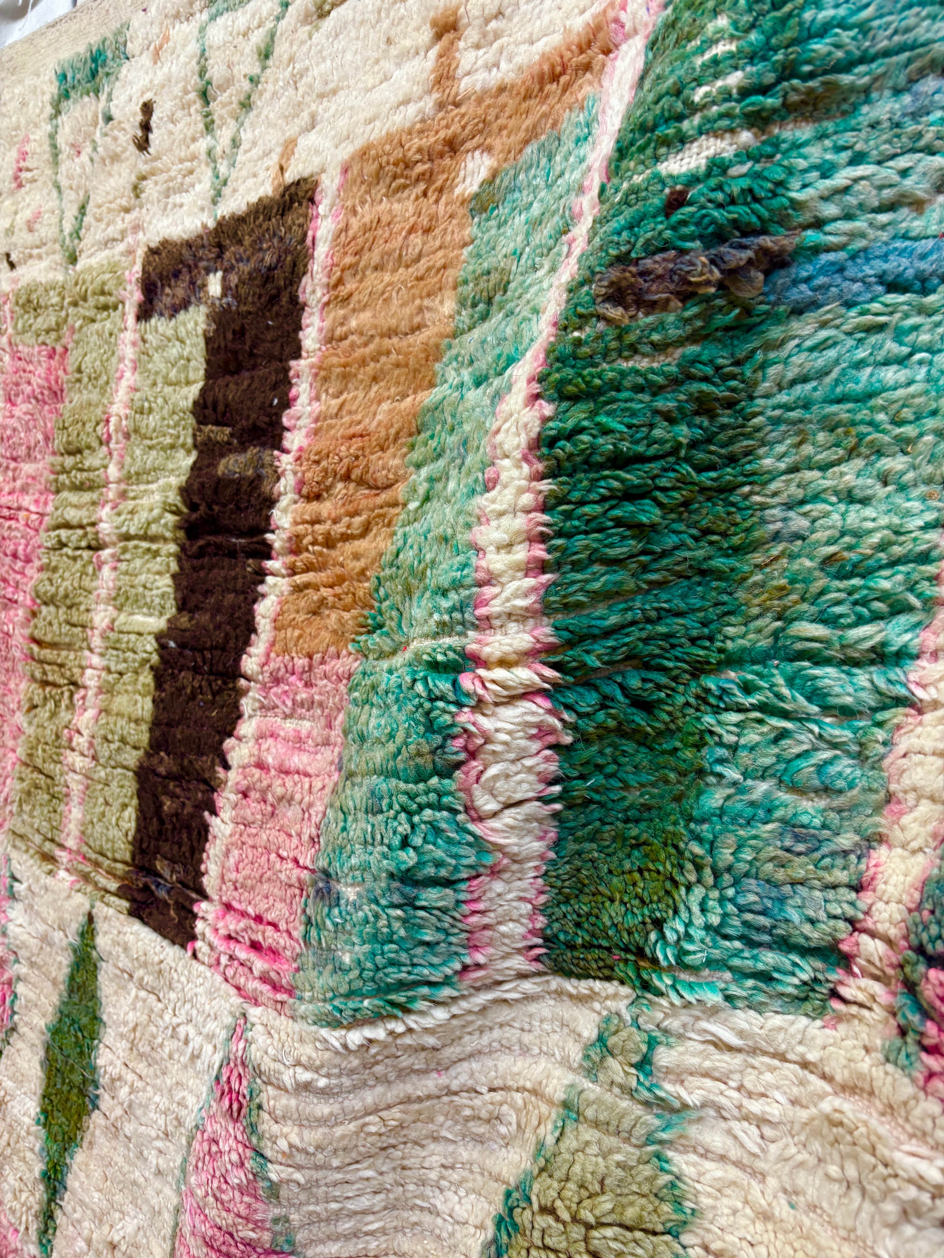 Handwoven Boujaad Moroccan Rug in Rose Pink, Sage, and Cream Wool