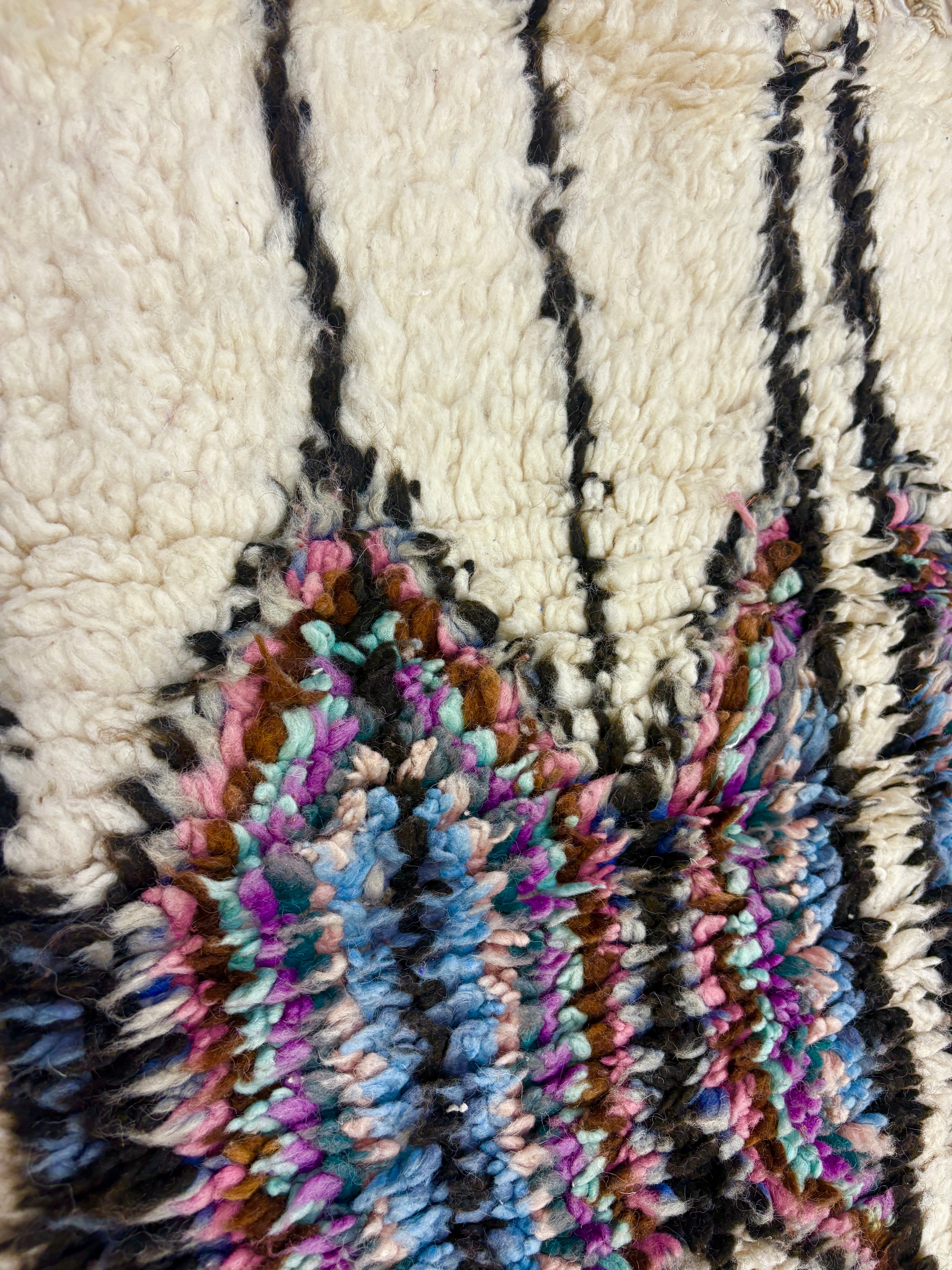 Handwoven Azilal Berber Accent Rug in Ivory Wool with Vertical Stripes