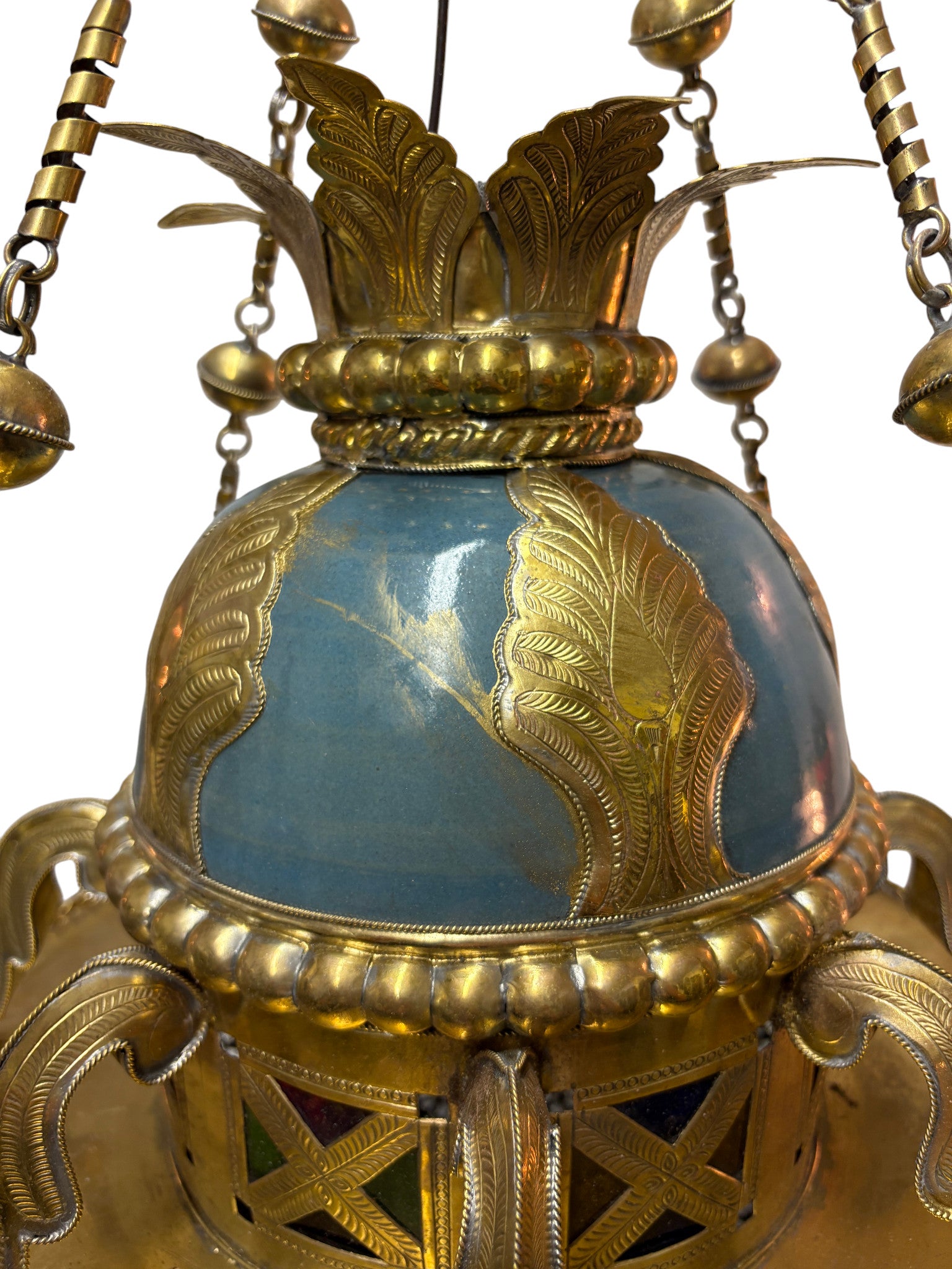 Ornate Filigree Brass and Ceramic Inlay Chandelier