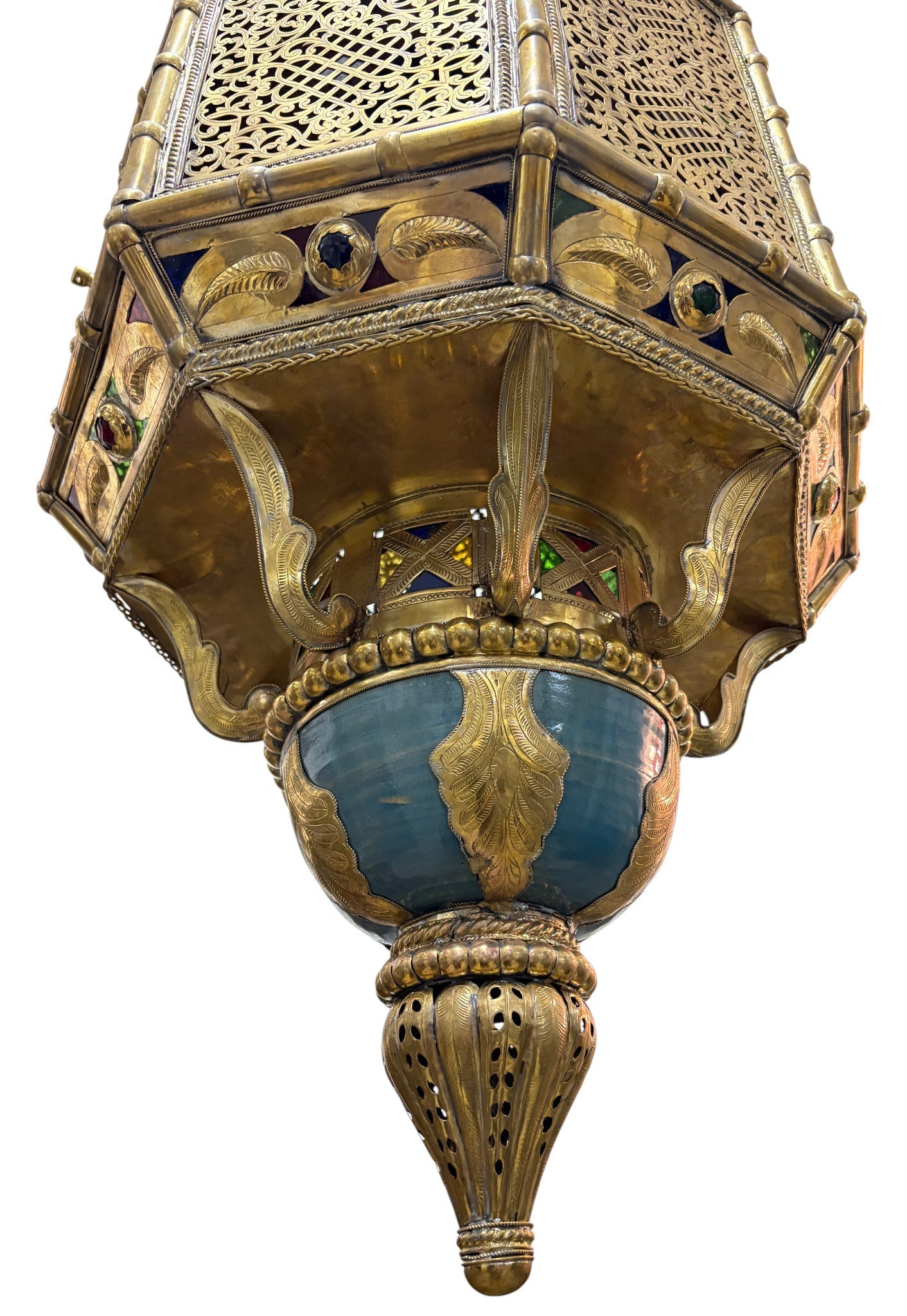 Ornate Filigree Brass and Ceramic Inlay Chandelier