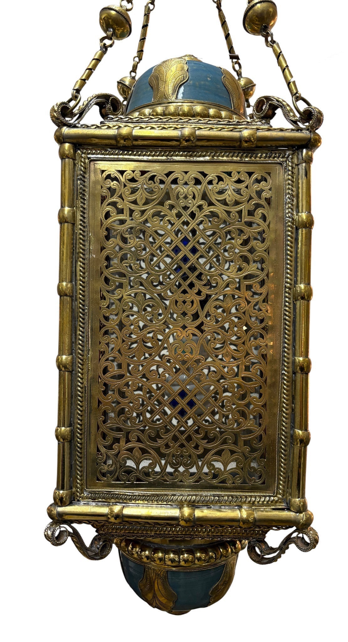 Ornate Filigree Brass and Ceramic Inlay Chandelier