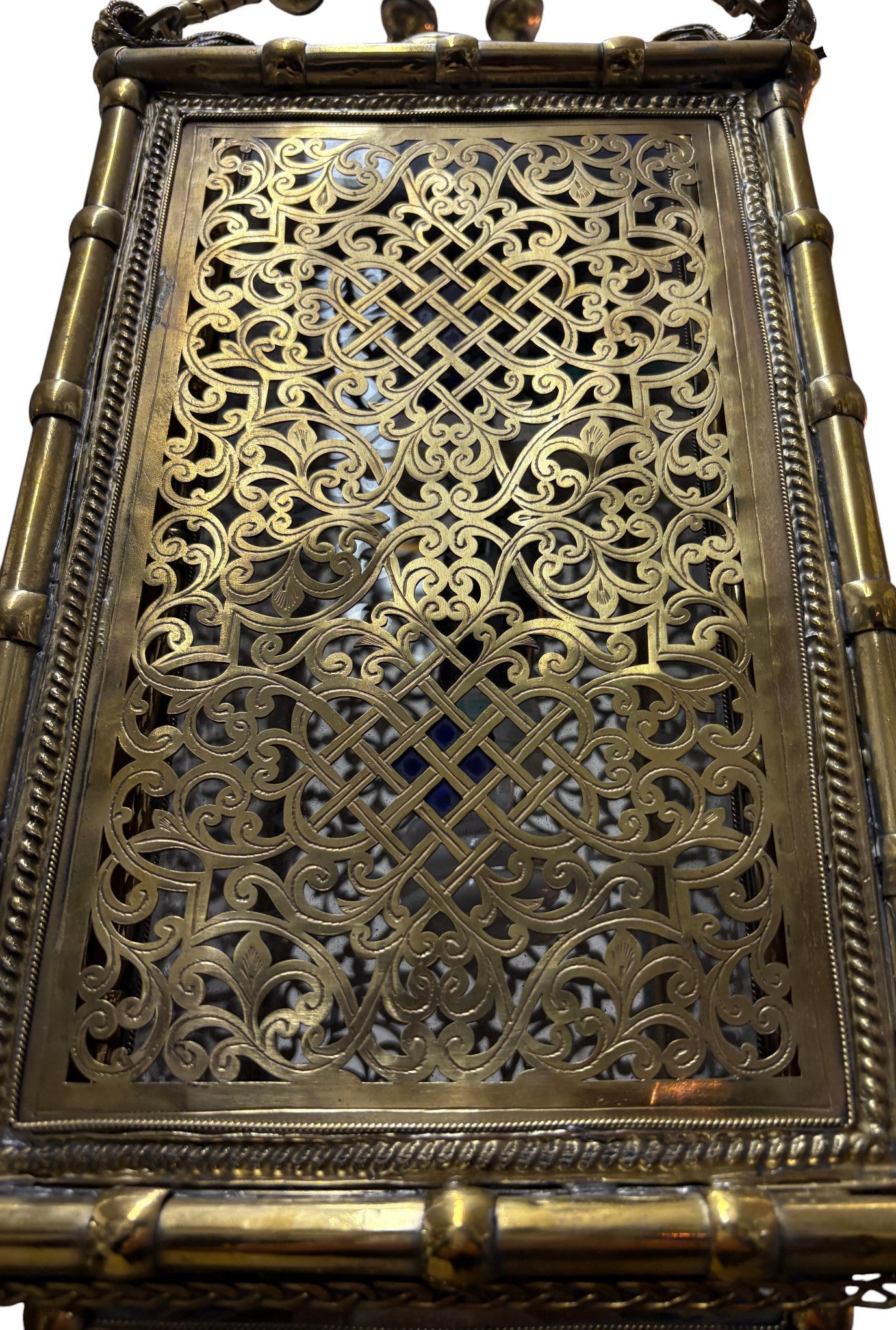 Ornate Filigree Brass and Ceramic Inlay Chandelier