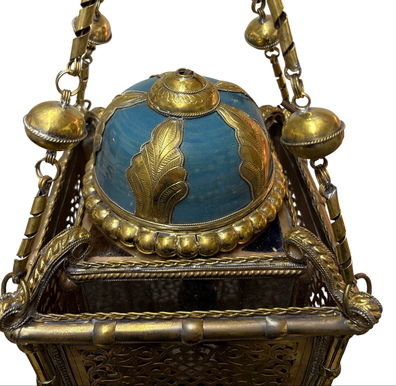Ornate Filigree Brass and Ceramic Inlay Chandelier