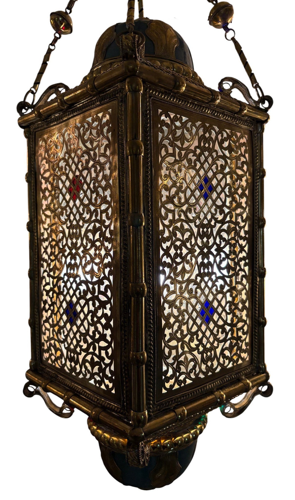 Ornate Filigree Brass and Ceramic Inlay Chandelier