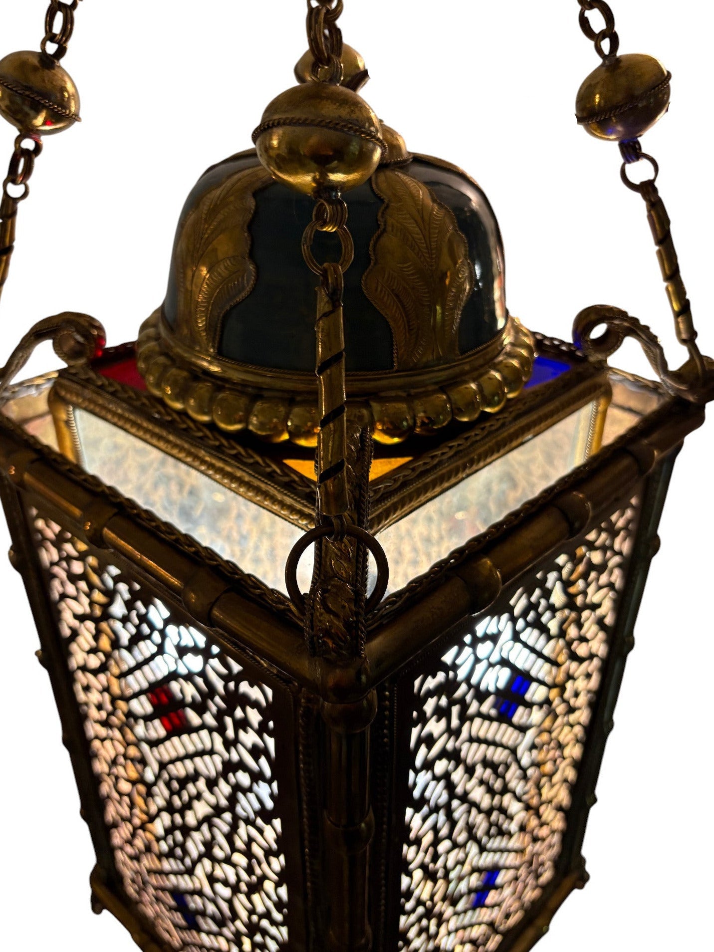 Ornate Filigree Brass and Ceramic Inlay Chandelier