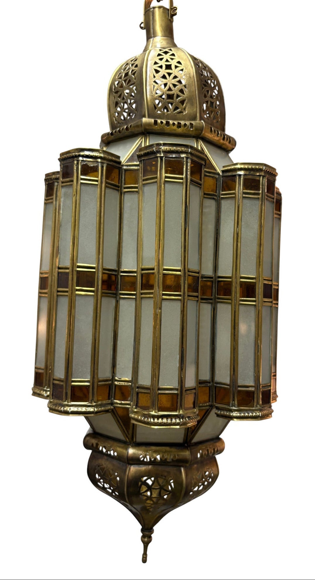 An ornate vintage-style hanging lantern with a bronze-finished metal frame and translucent frosted glass panels, isolated on a white background.