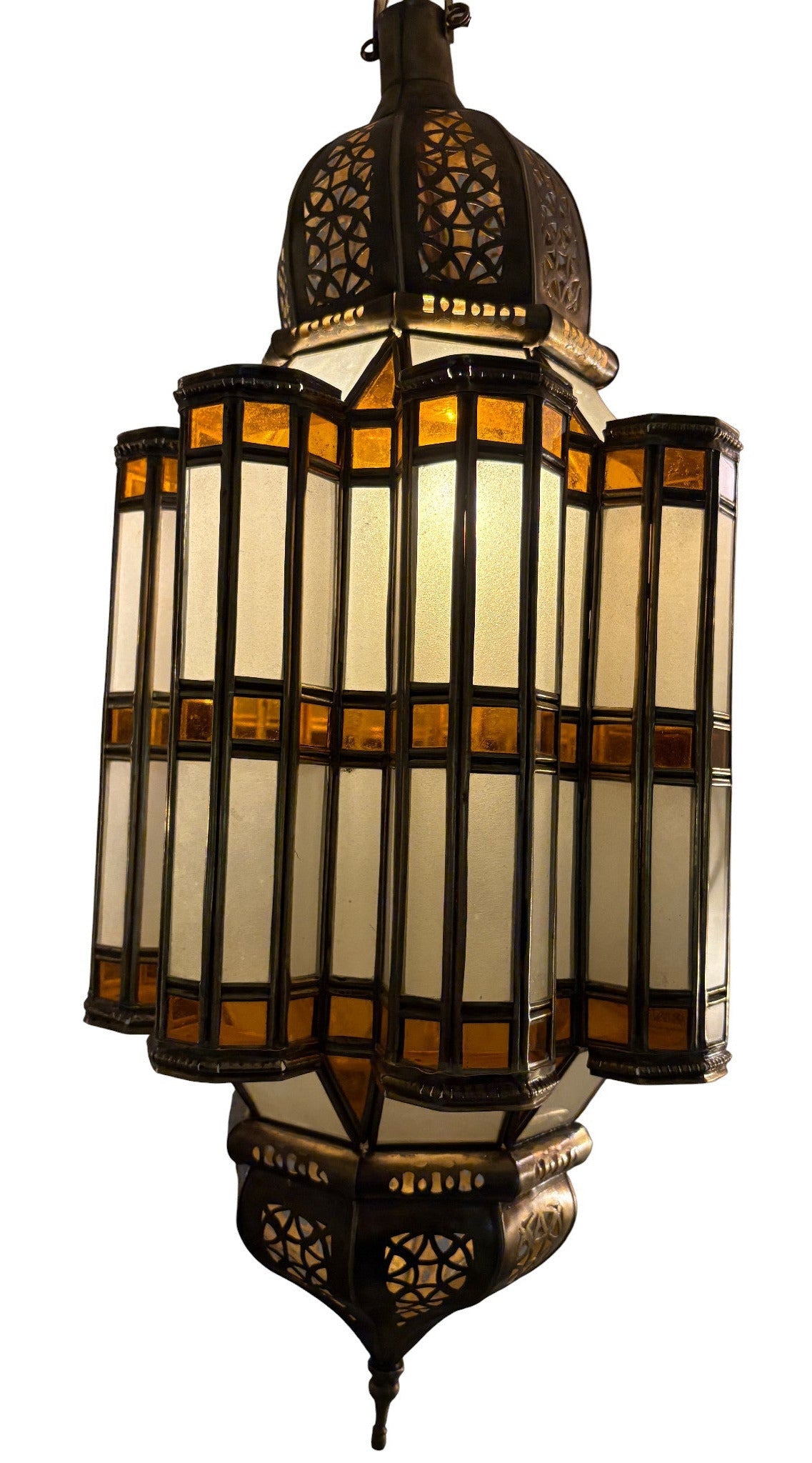 Moroccan White and Amber Glass Brass Lamp
