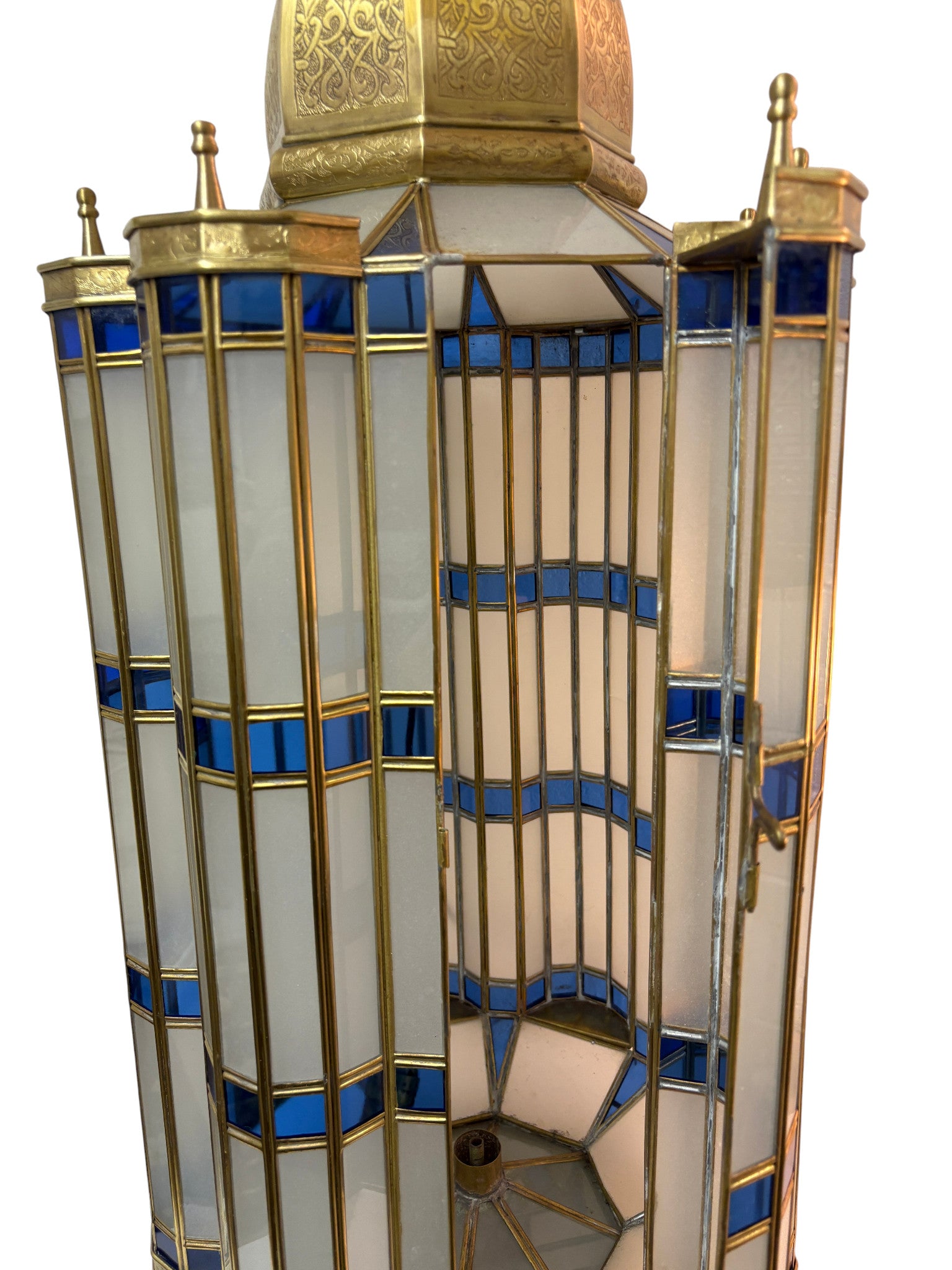 Large Blue and White Glass Brass Lantern