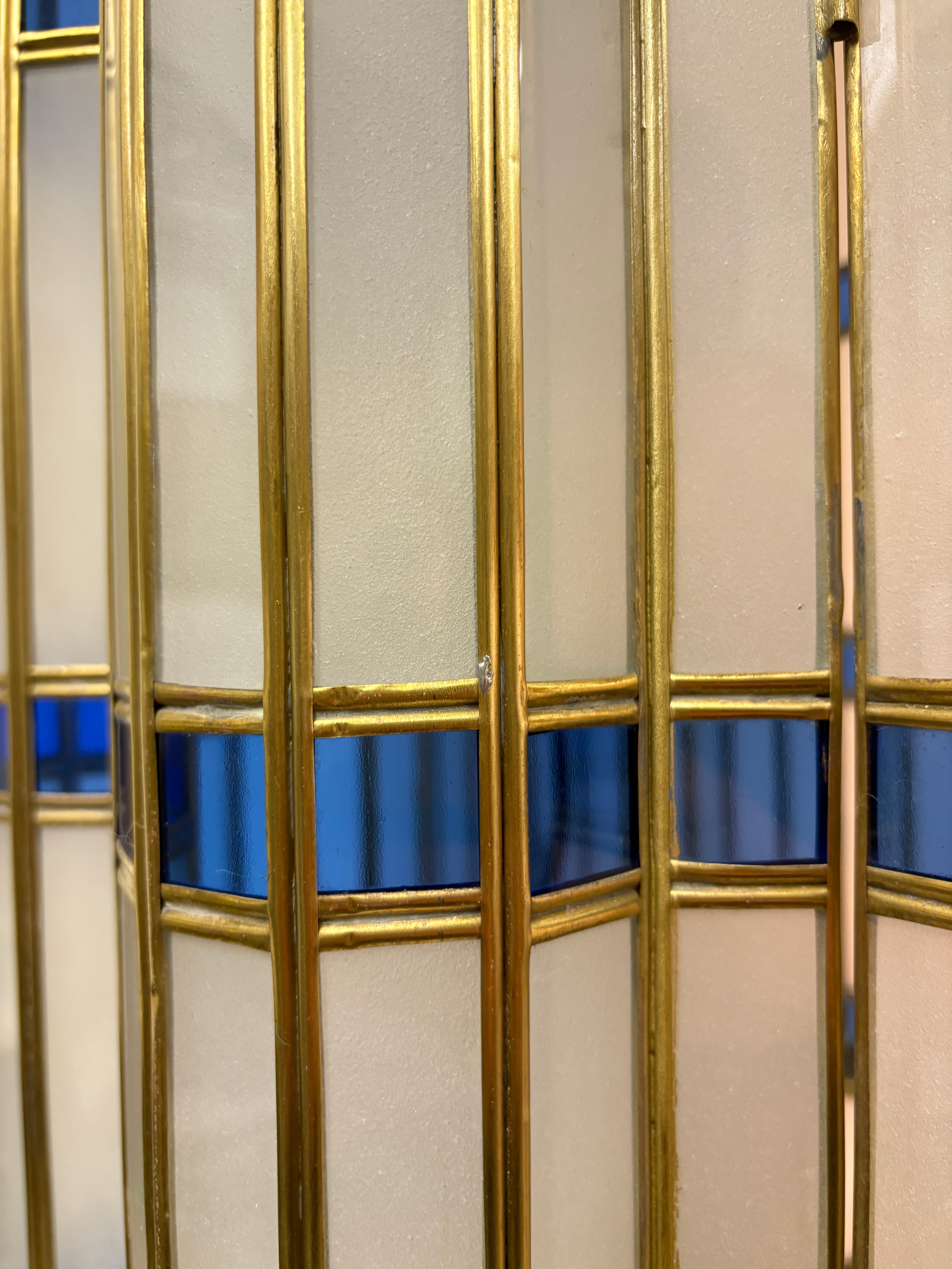 Large Blue and White Glass Brass Lantern