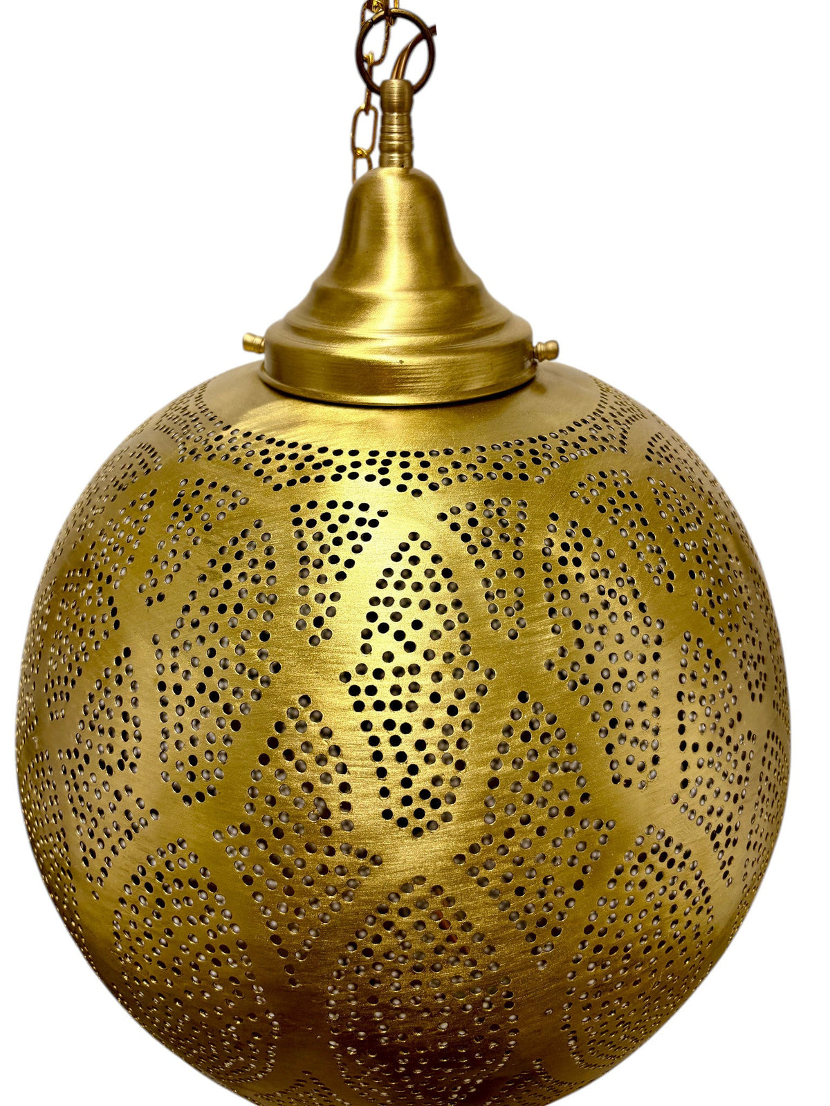 Brass pendant light fixture with intricate patterns on a white background