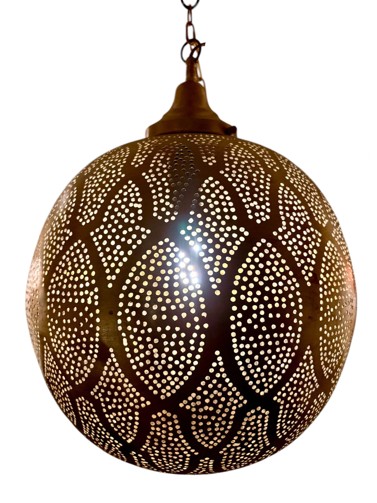 Decorative pendant light with intricate metalwork on a white background