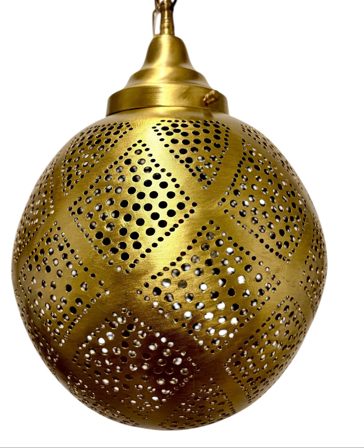 A brass Moroccan-style hanging pendant lamp with intricate geometric laser-cut perforations, shown against a plain white background.