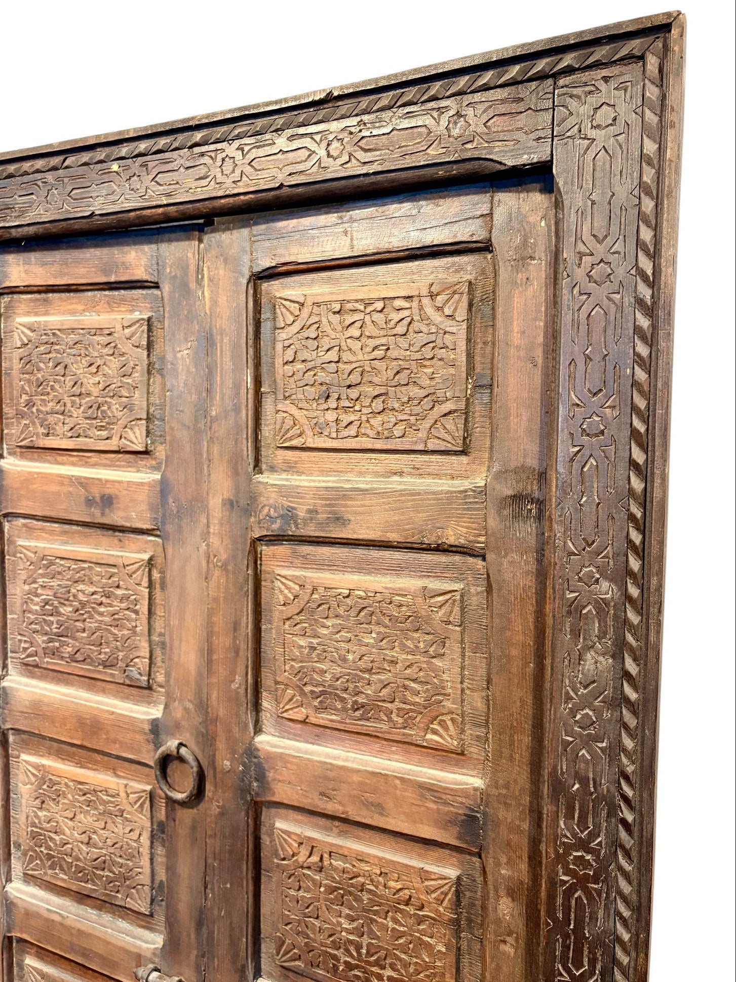 Antique Moroccan Double Doors with Carved Panels and Iron Hardware