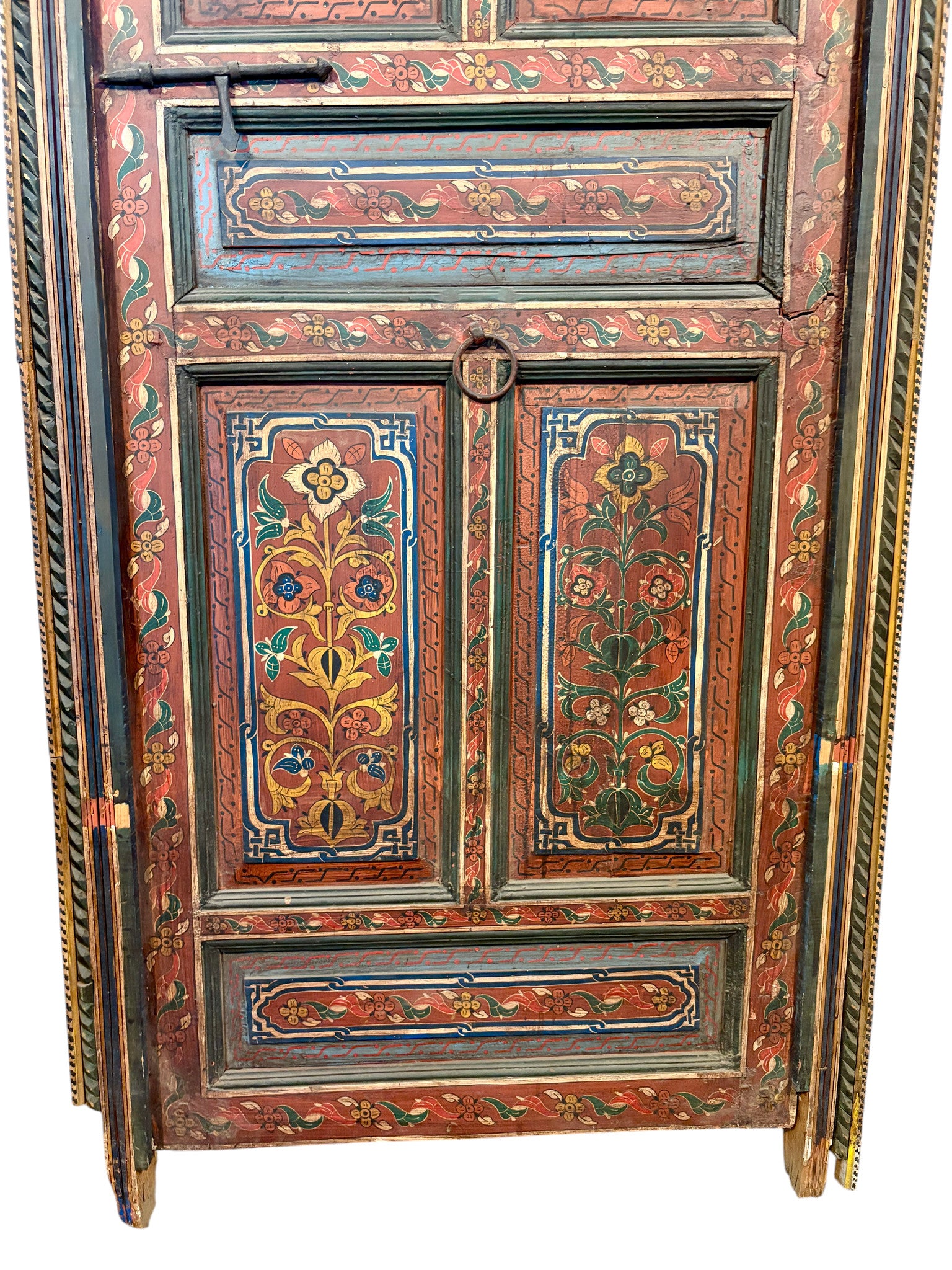 Antique Hand-Painted Moroccan Door with Floral Panels and Scalloped Valance