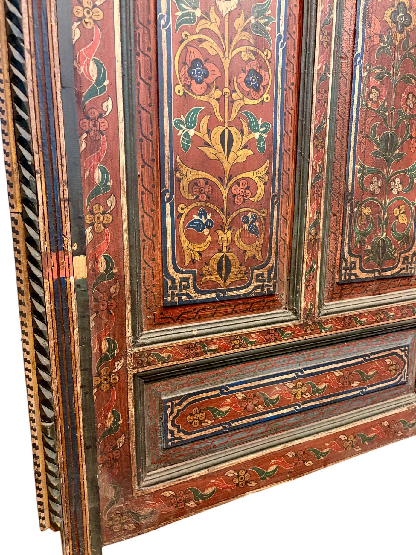 Antique Hand-Painted Moroccan Door with Floral Panels and Scalloped Valance