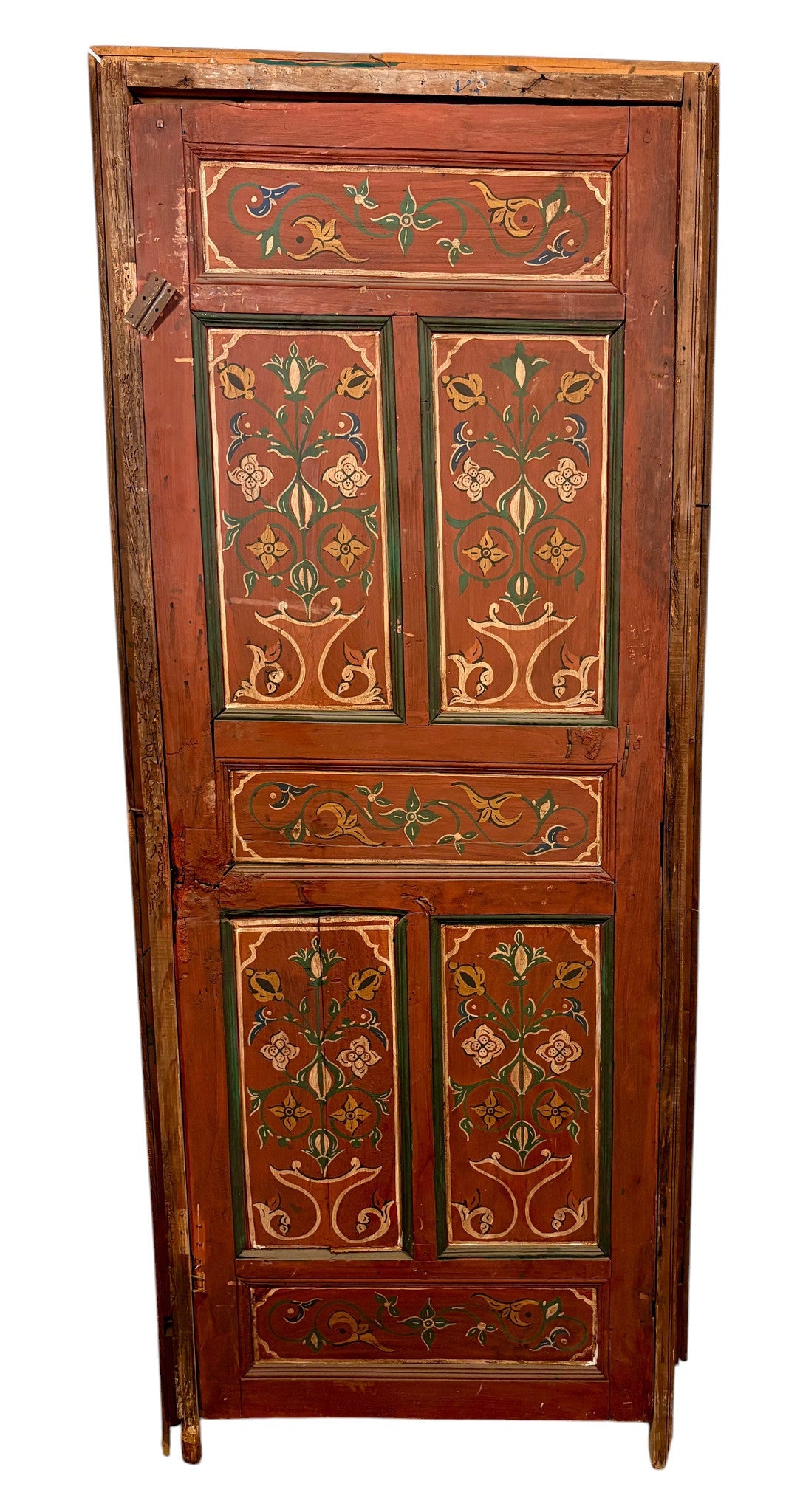 Antique Hand-Painted Moroccan Door with Floral Panels and Scalloped Valance