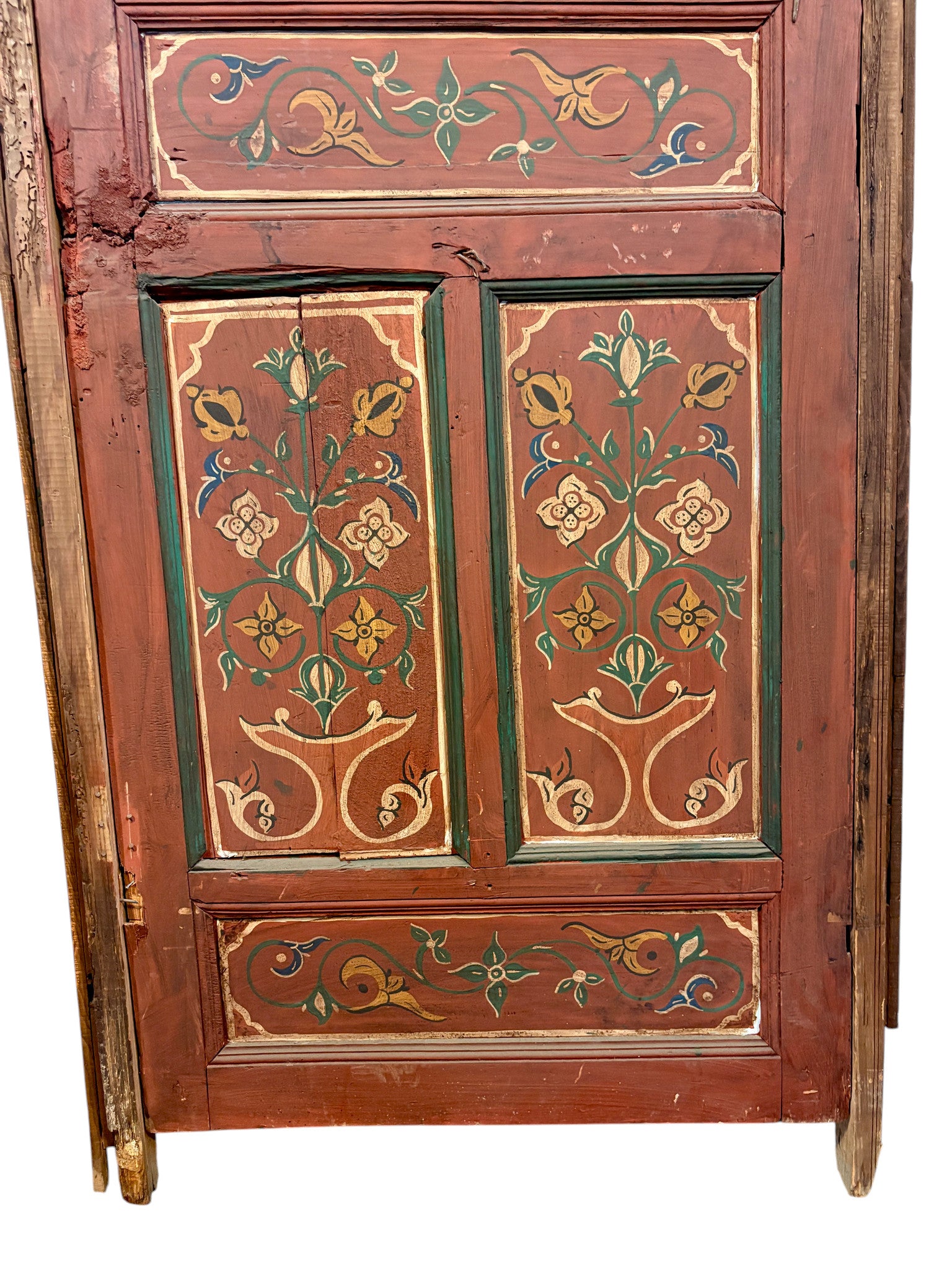 Antique Hand-Painted Moroccan Door with Floral Panels and Scalloped Valance