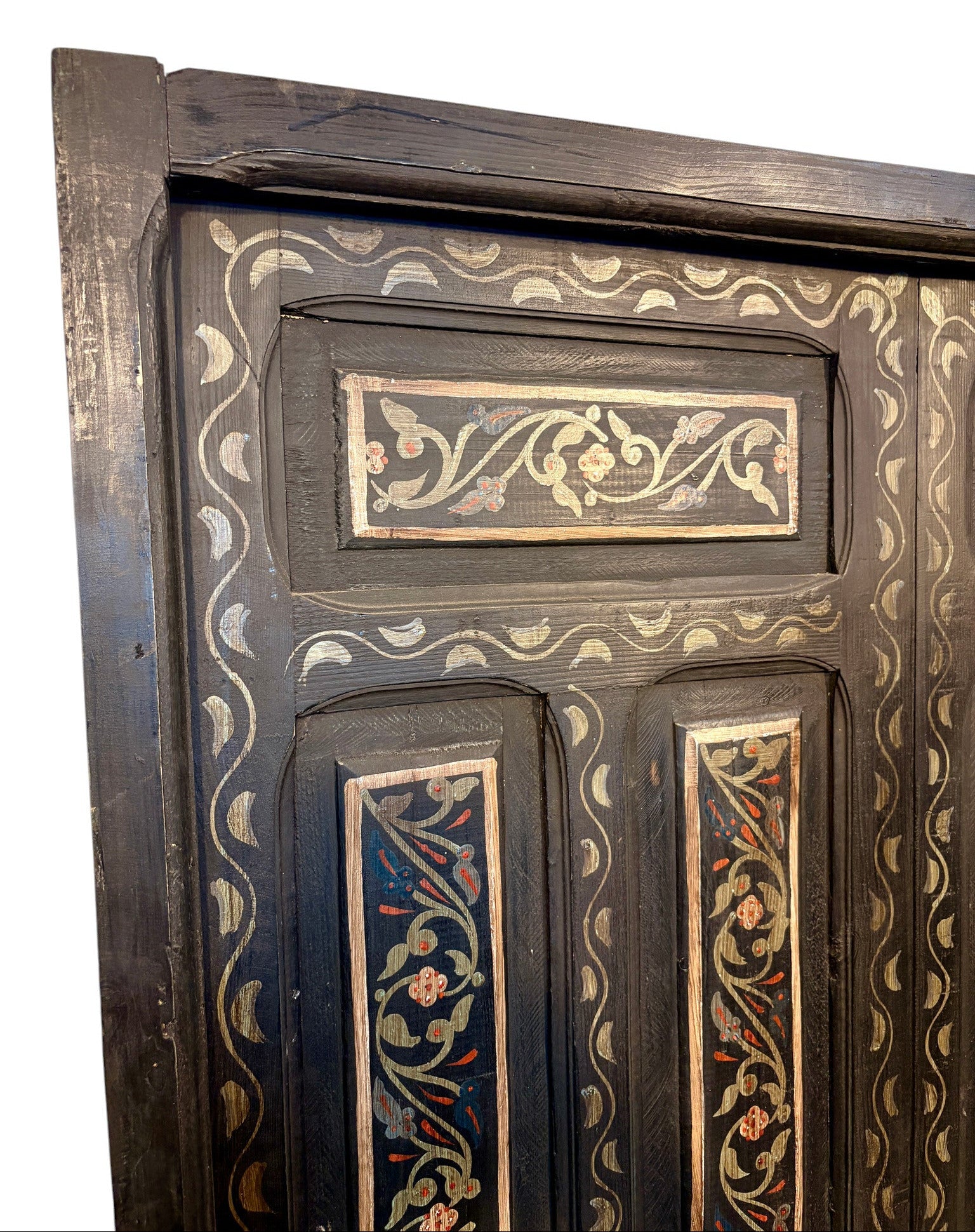Antique Hand-Painted Moroccan Double Doors in Black with Floral Motifs