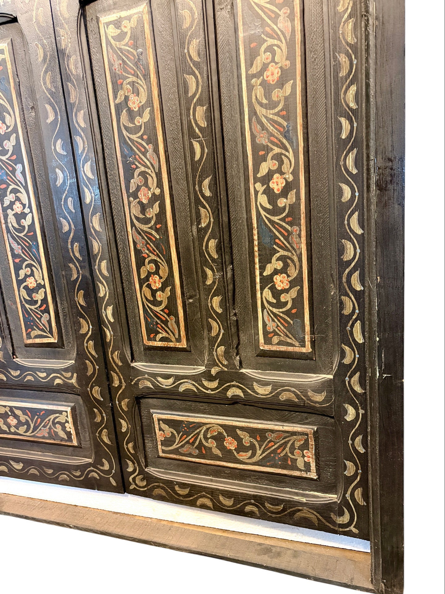 Antique Hand-Painted Moroccan Double Doors in Black with Floral Motifs
