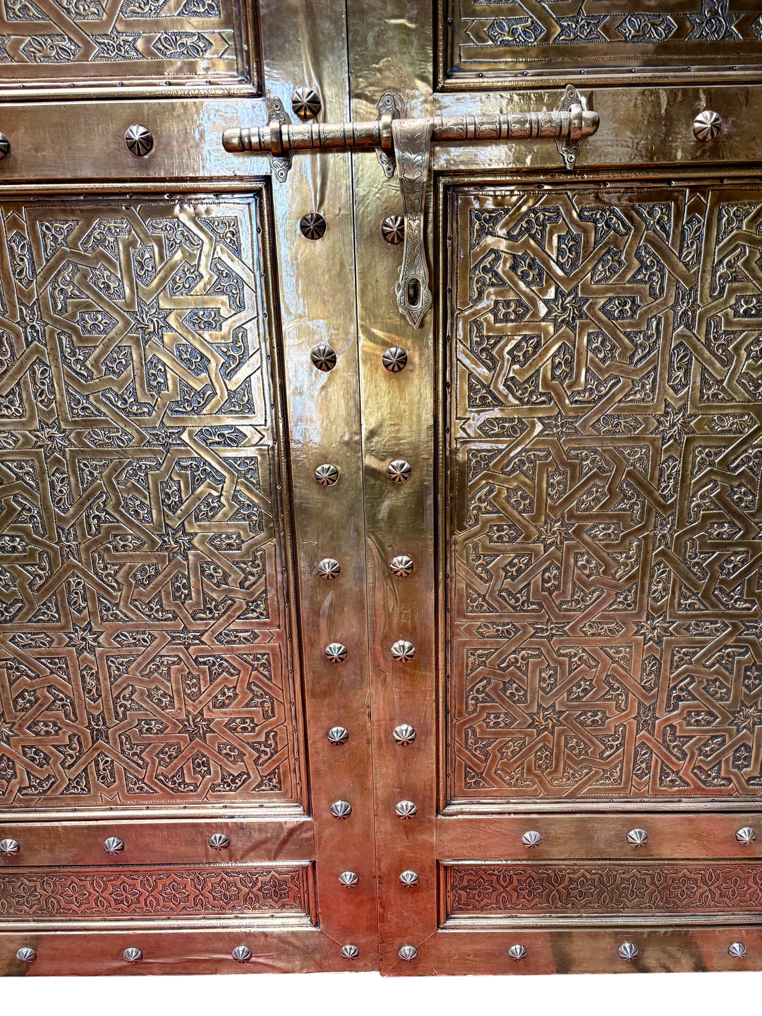 Moroccan Solid Brass Double Doors with Hand-Hammered Geometric Tooling