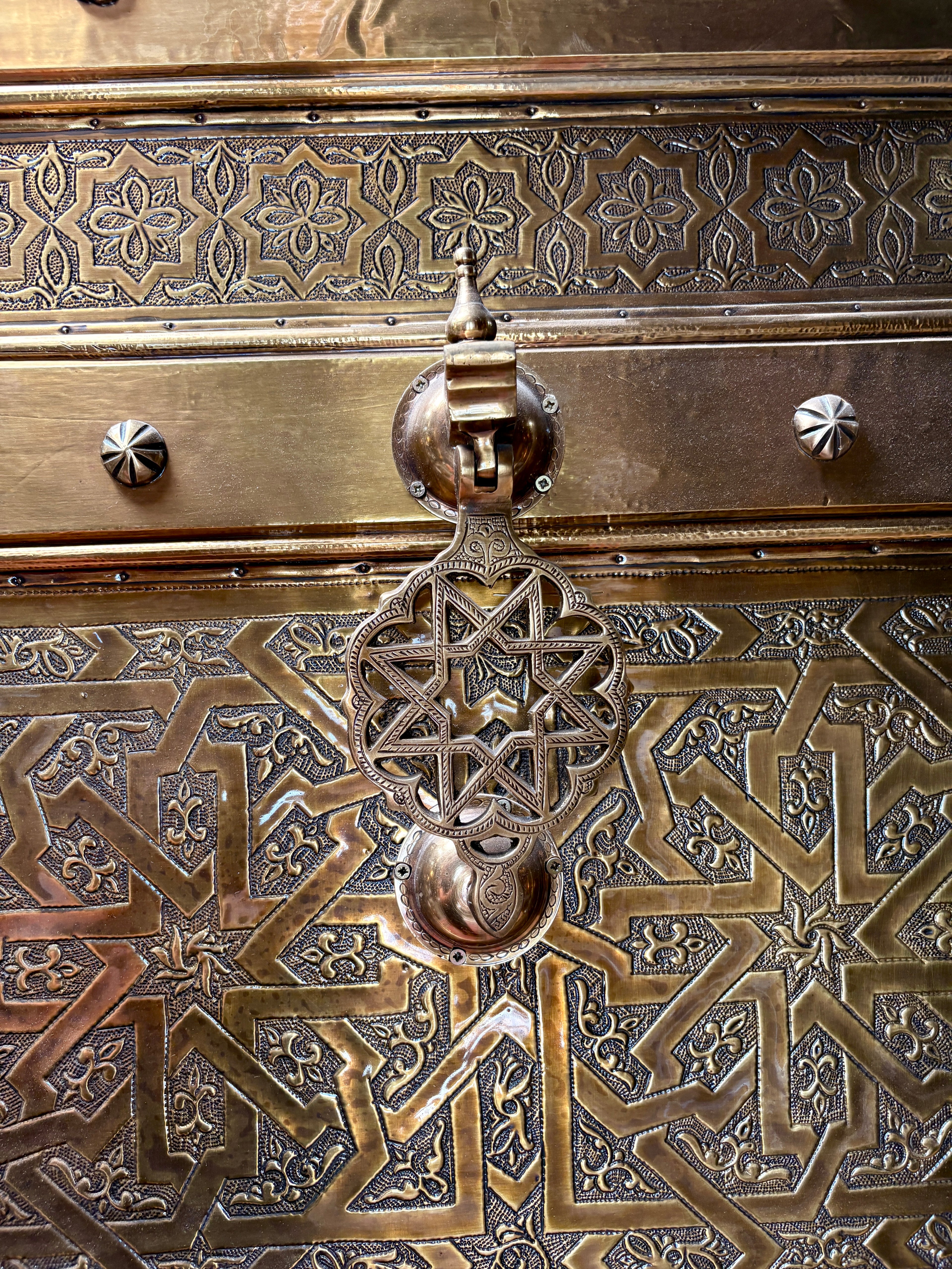 Moroccan Solid Brass Double Doors with Hand-Hammered Geometric Tooling