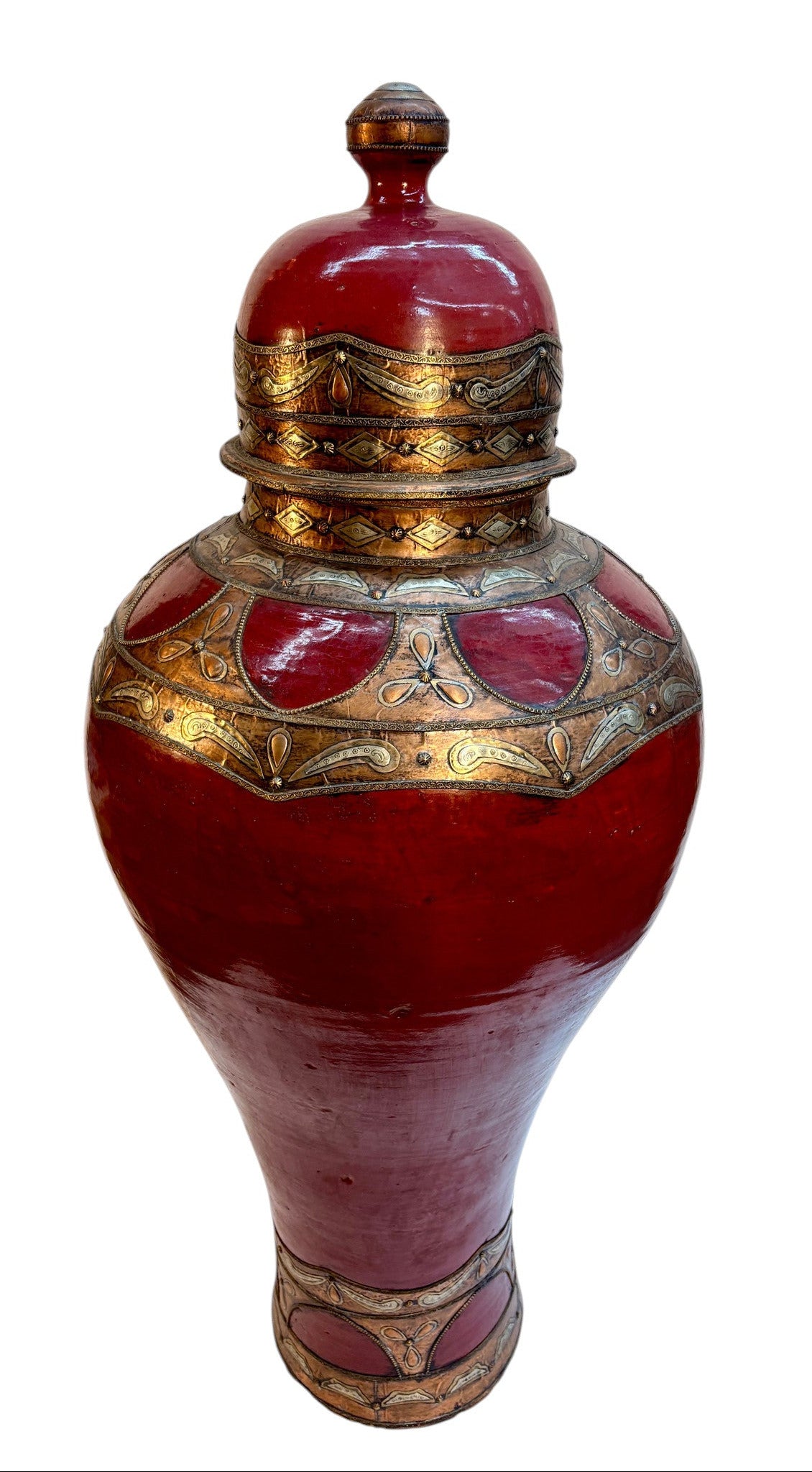 Moroccan Hand-Painted Lidded Urn with Brass and Silver Metalwork