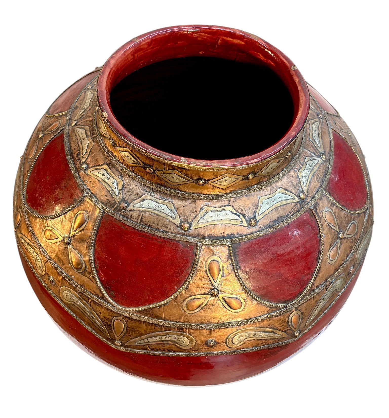 Moroccan Hand-Painted Lidded Urn with Brass and Silver Metalwork