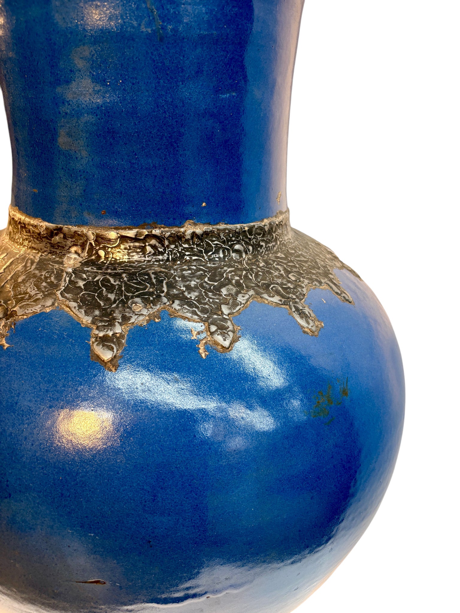 Moroccan Cobalt Blue Floor Vase with Textured Bronze Drip Glaze