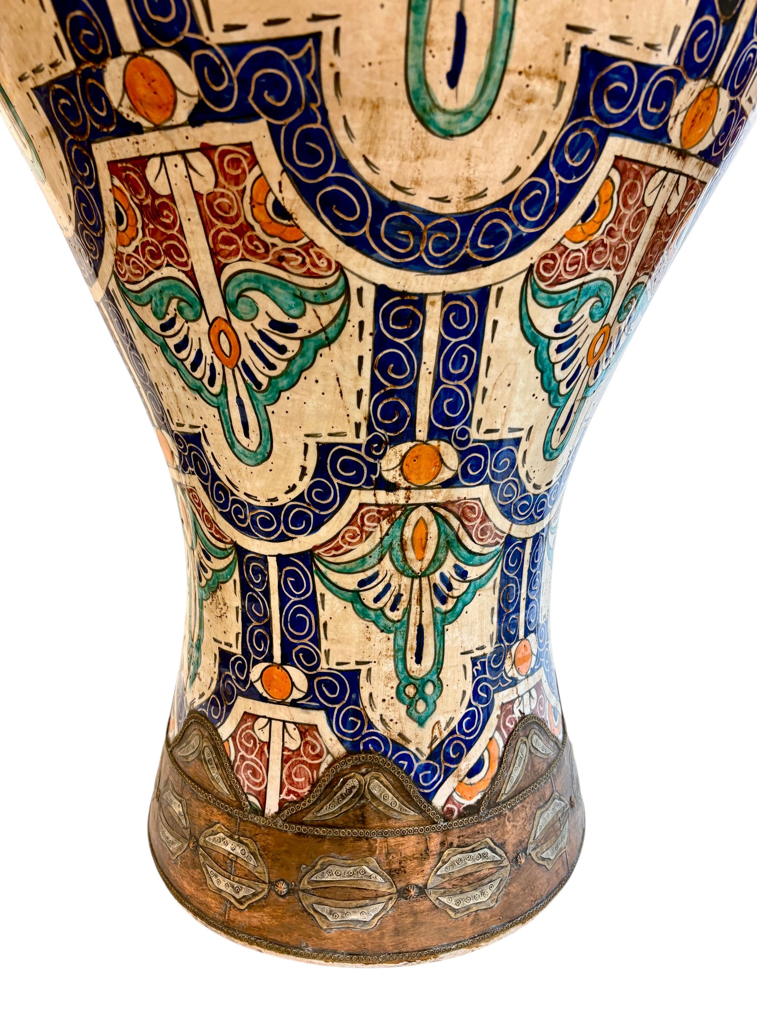 Moroccan Hand-Painted Lidded Urn with Brass Metalwork