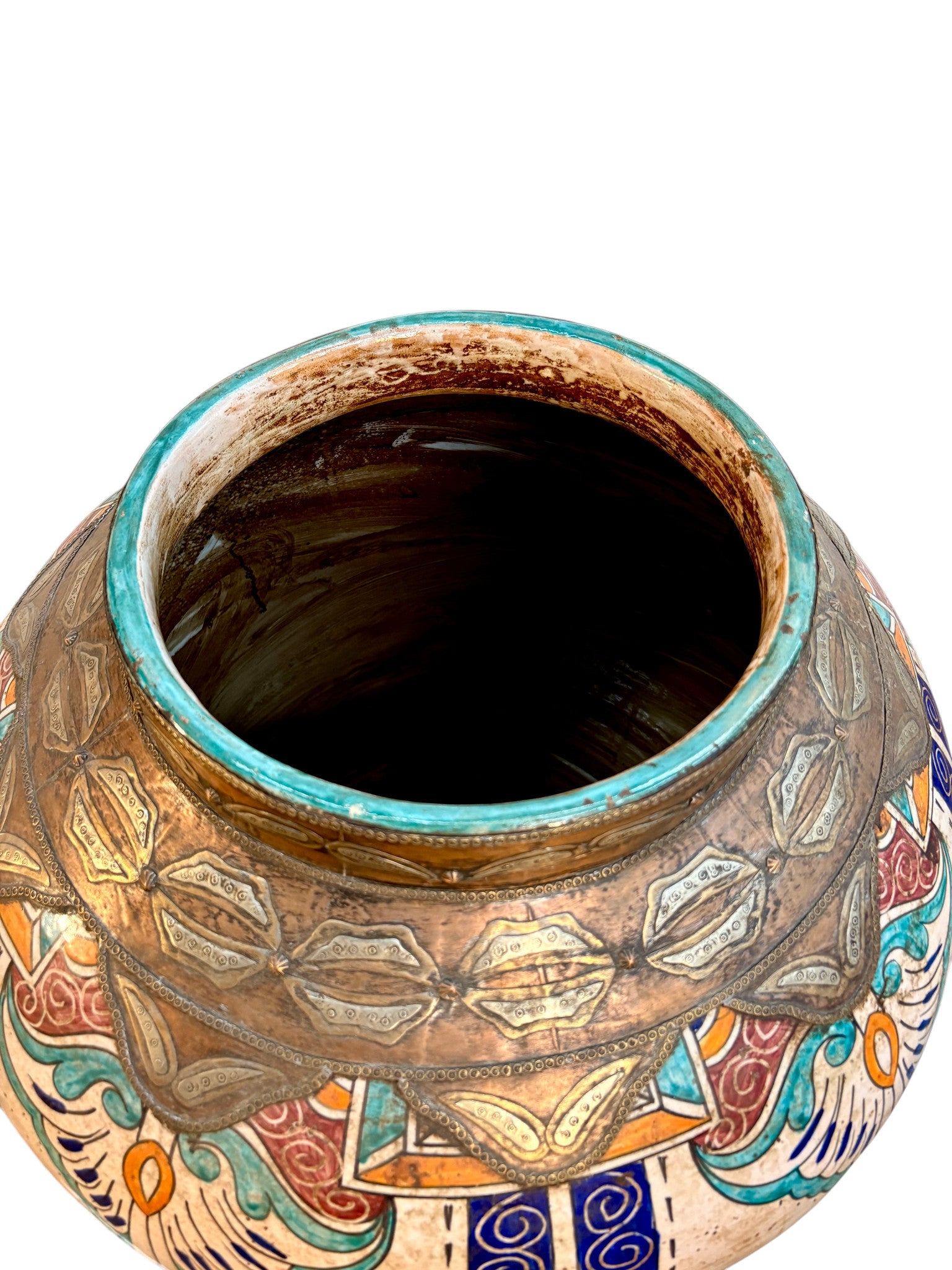 Moroccan Hand-Painted Lidded Urn with Brass Metalwork