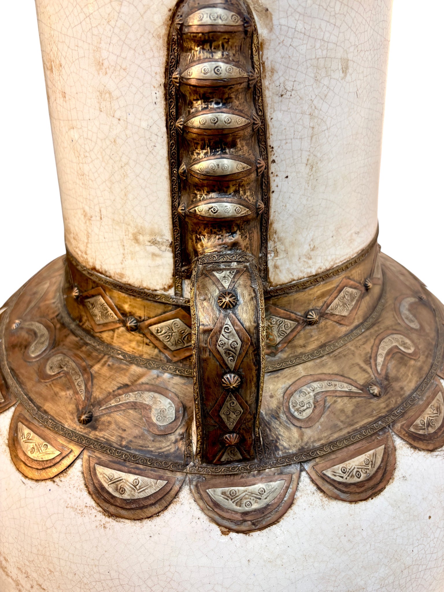 Moroccan Cream Ceramic Amphora with Brass and Silver Metalwork Cladding