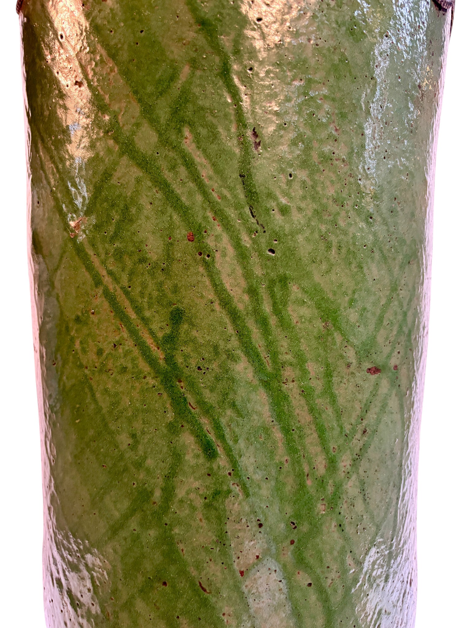 Olive Green Glazed Cylindrical Urn with Brass Filigree Metalwork