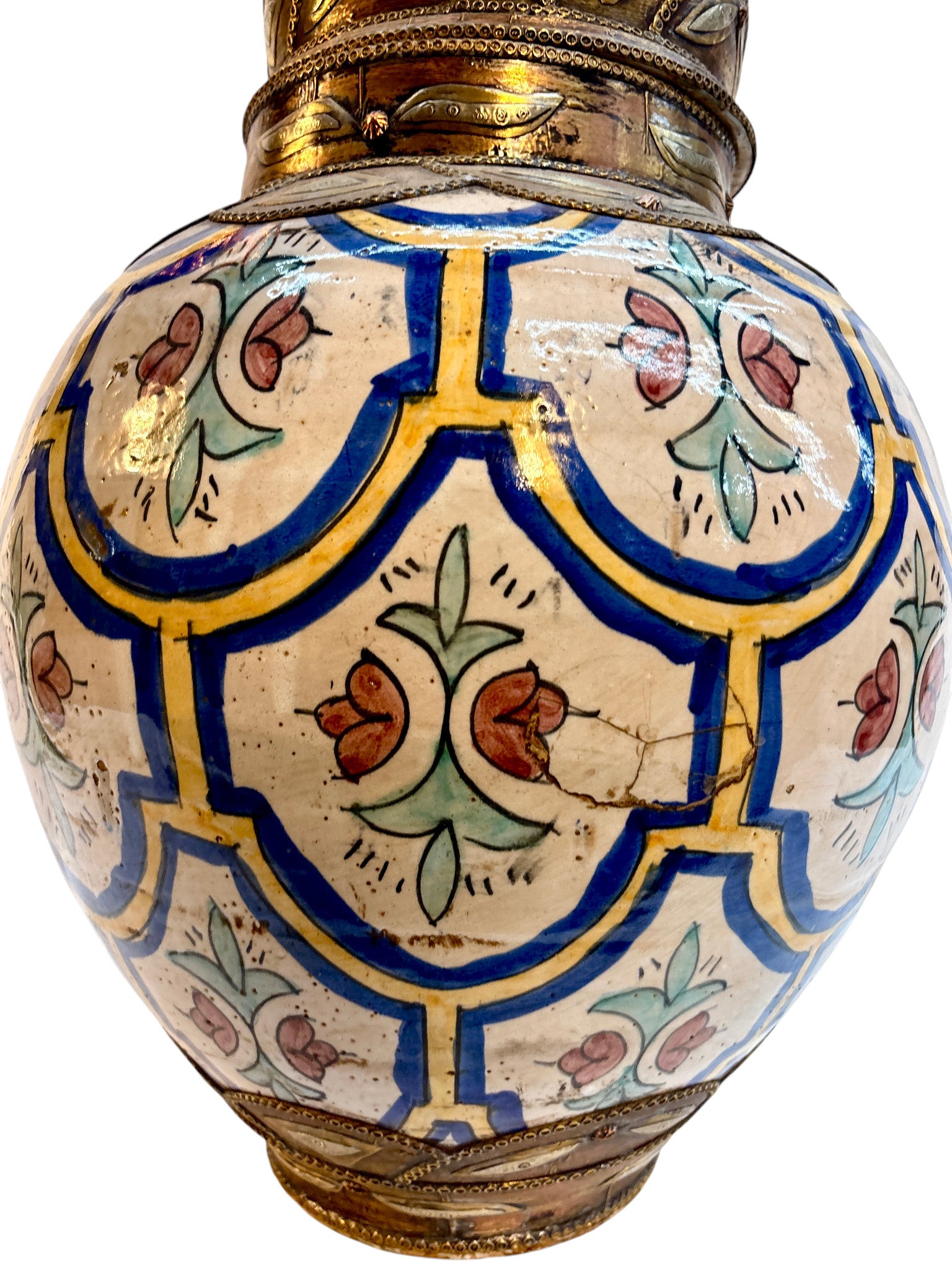 Moroccan Hand-Painted Double-Gourd Lidded Urn with Brass Metalwork