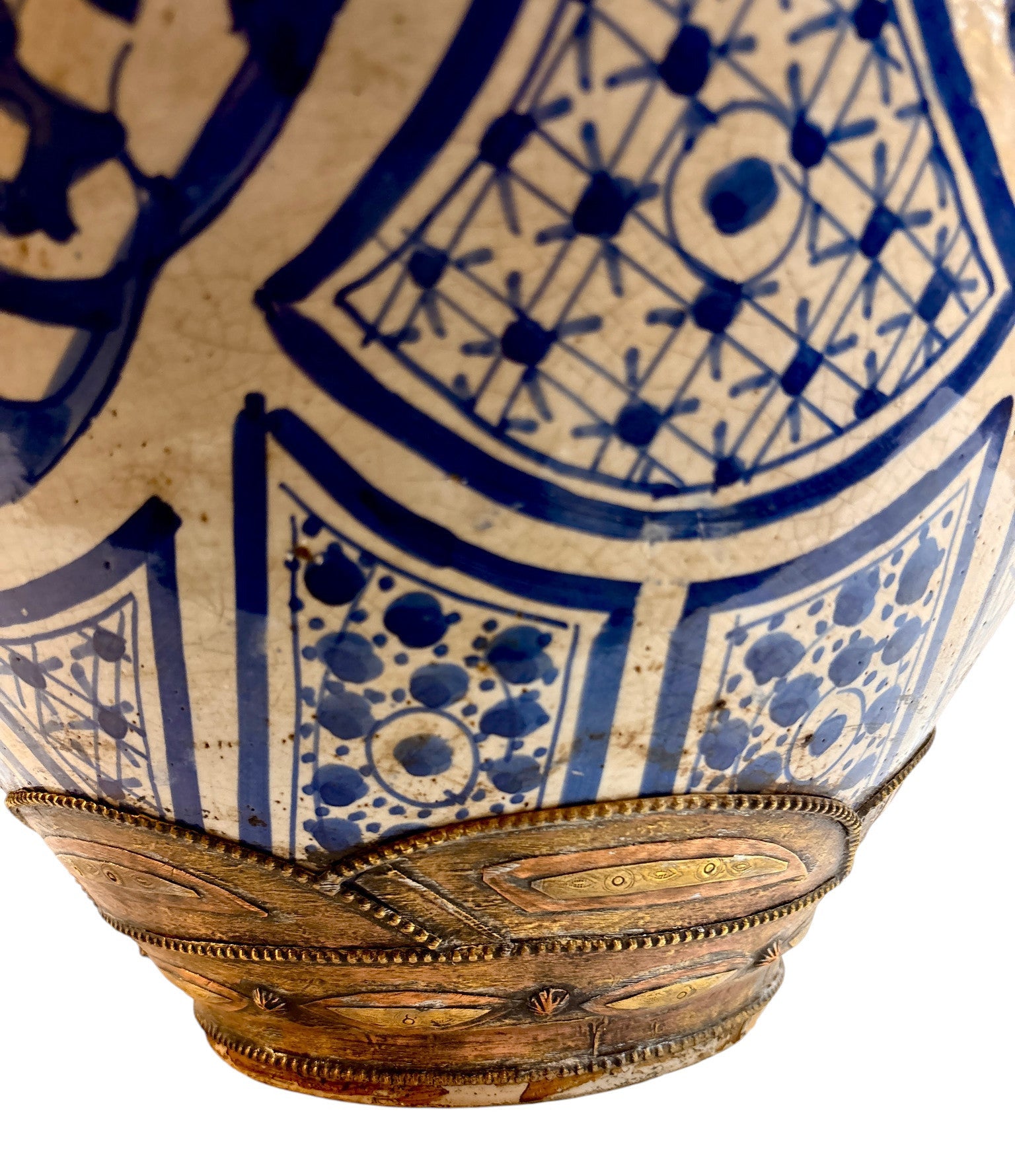 Moroccan Hand-Painted Blue & White Double-Gourd Lidded Urn with Filigree Brass