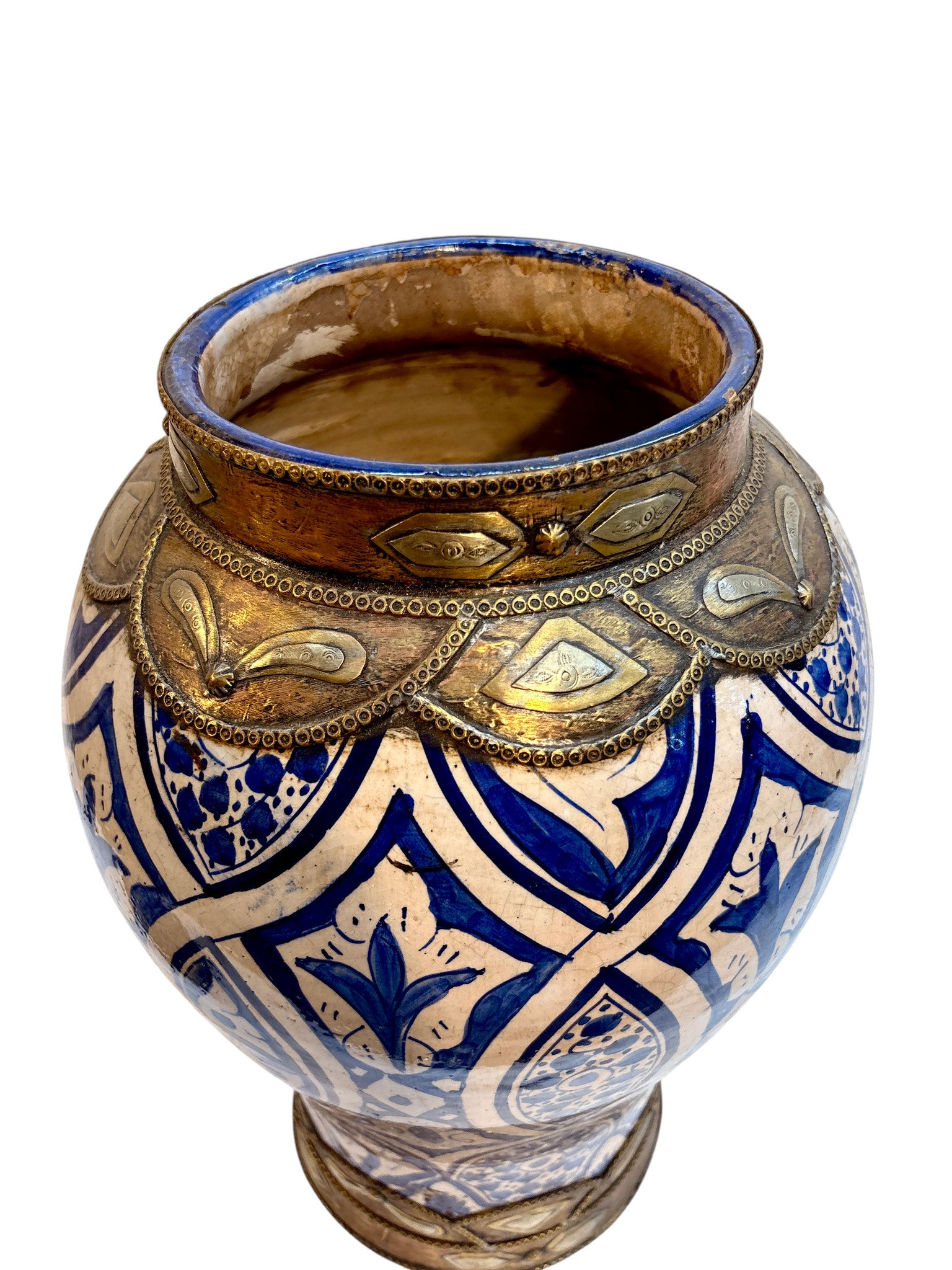 Moroccan Hand-Painted Blue & White Lidded Urn with Brass & Silvered Metalwork