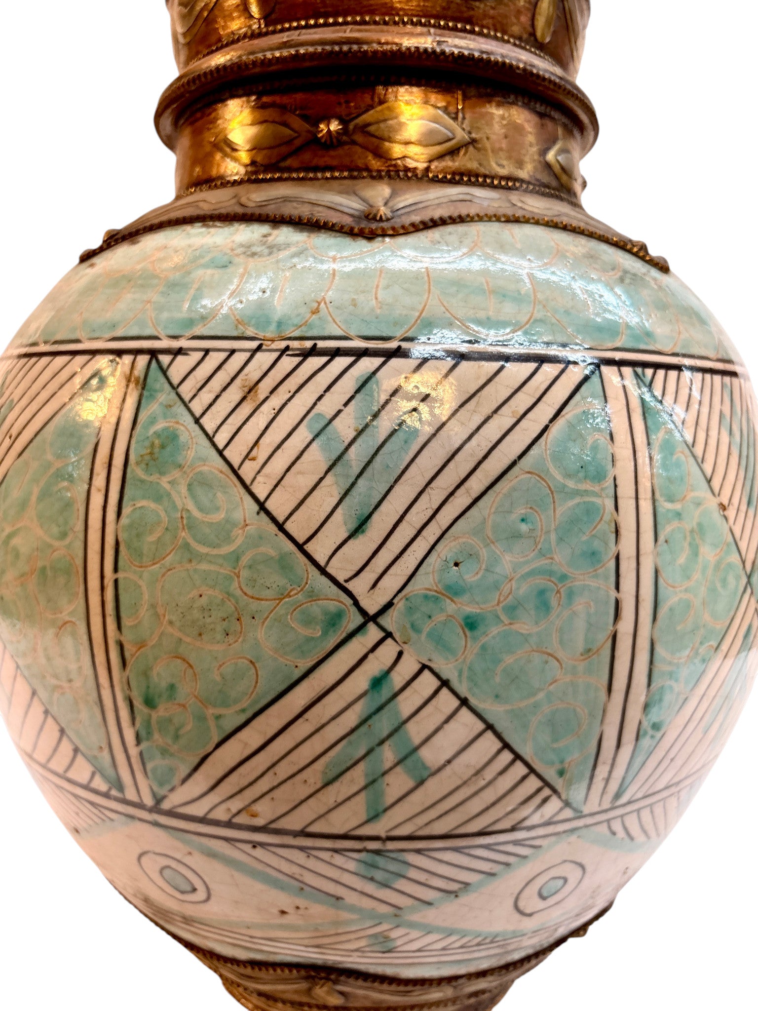Hand-Painted Green & Ivory Double-Gourd Lidded Urn with Brass Metalwork