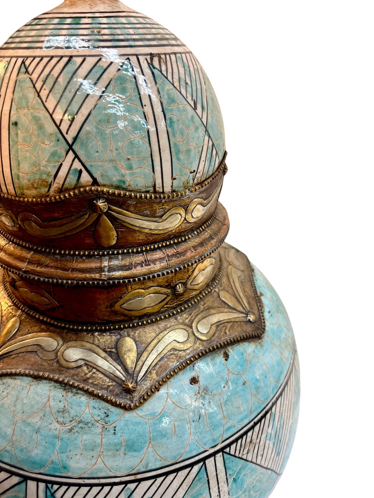 Hand-Painted Green & Ivory Double-Gourd Lidded Urn with Brass Metalwork