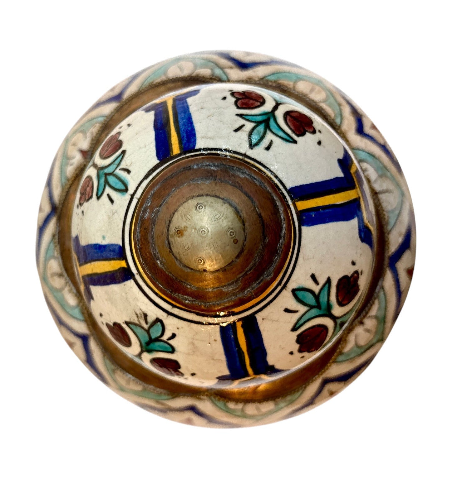Moroccan Hand-Painted Polychrome Double-Gourd Lidded Urn with Brass Metalwork
