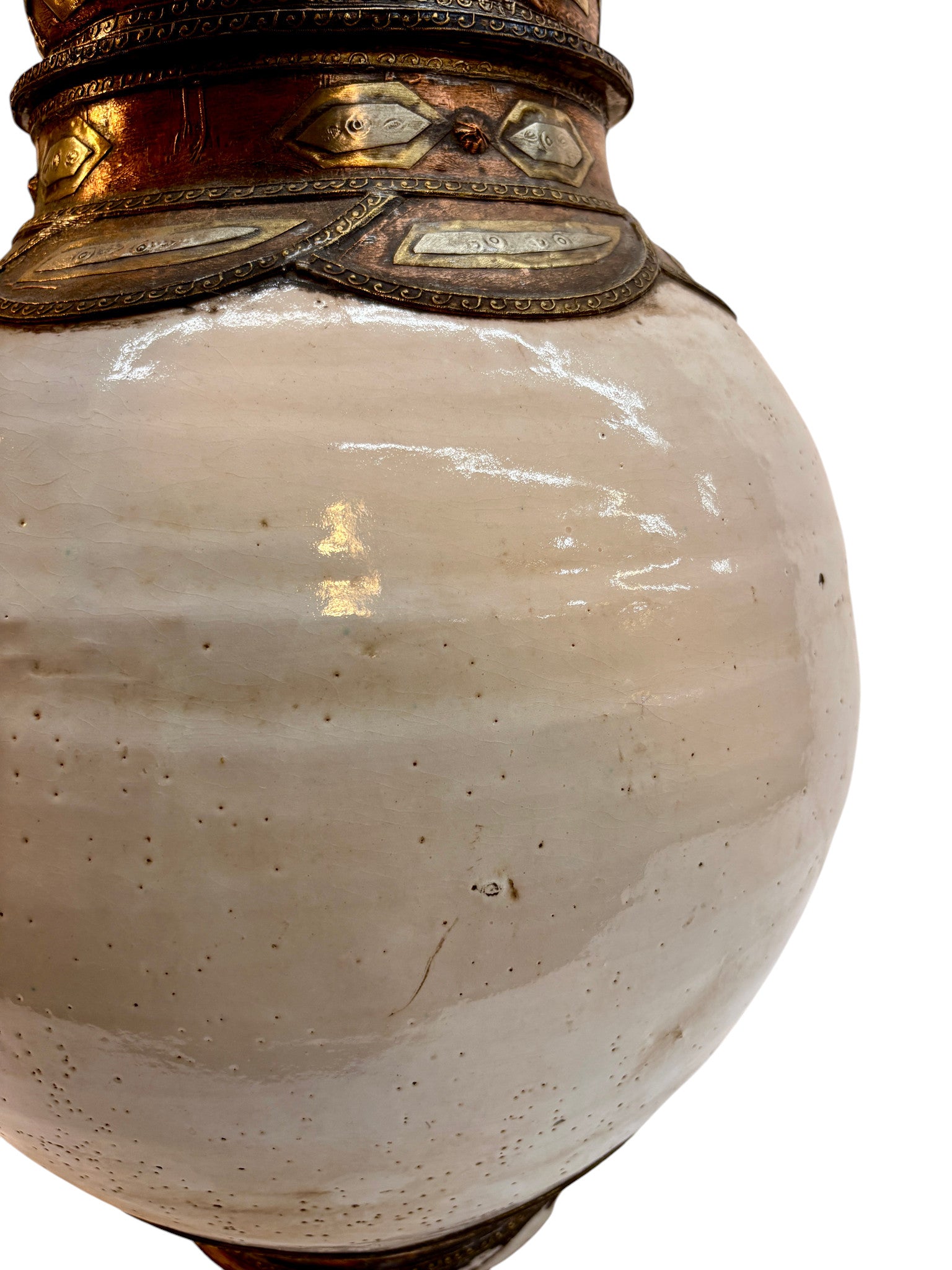Moroccan Cream-Glazed Double-Gourd Lidded Urn with Brass Metalwork Collar