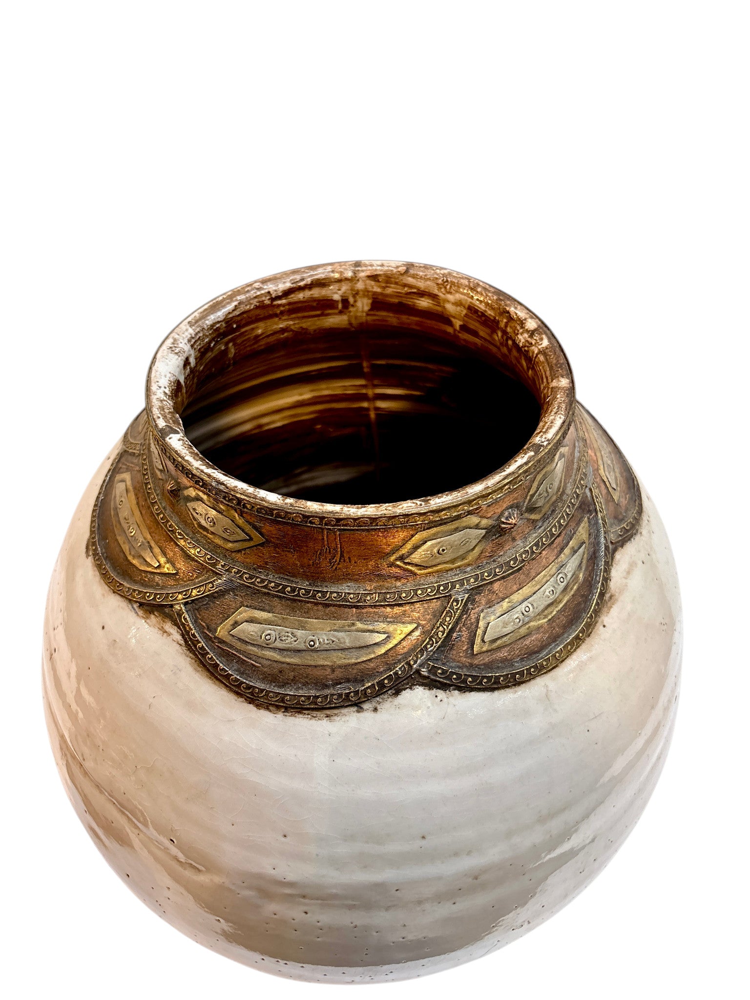 Moroccan Cream-Glazed Double-Gourd Lidded Urn with Brass Metalwork Collar