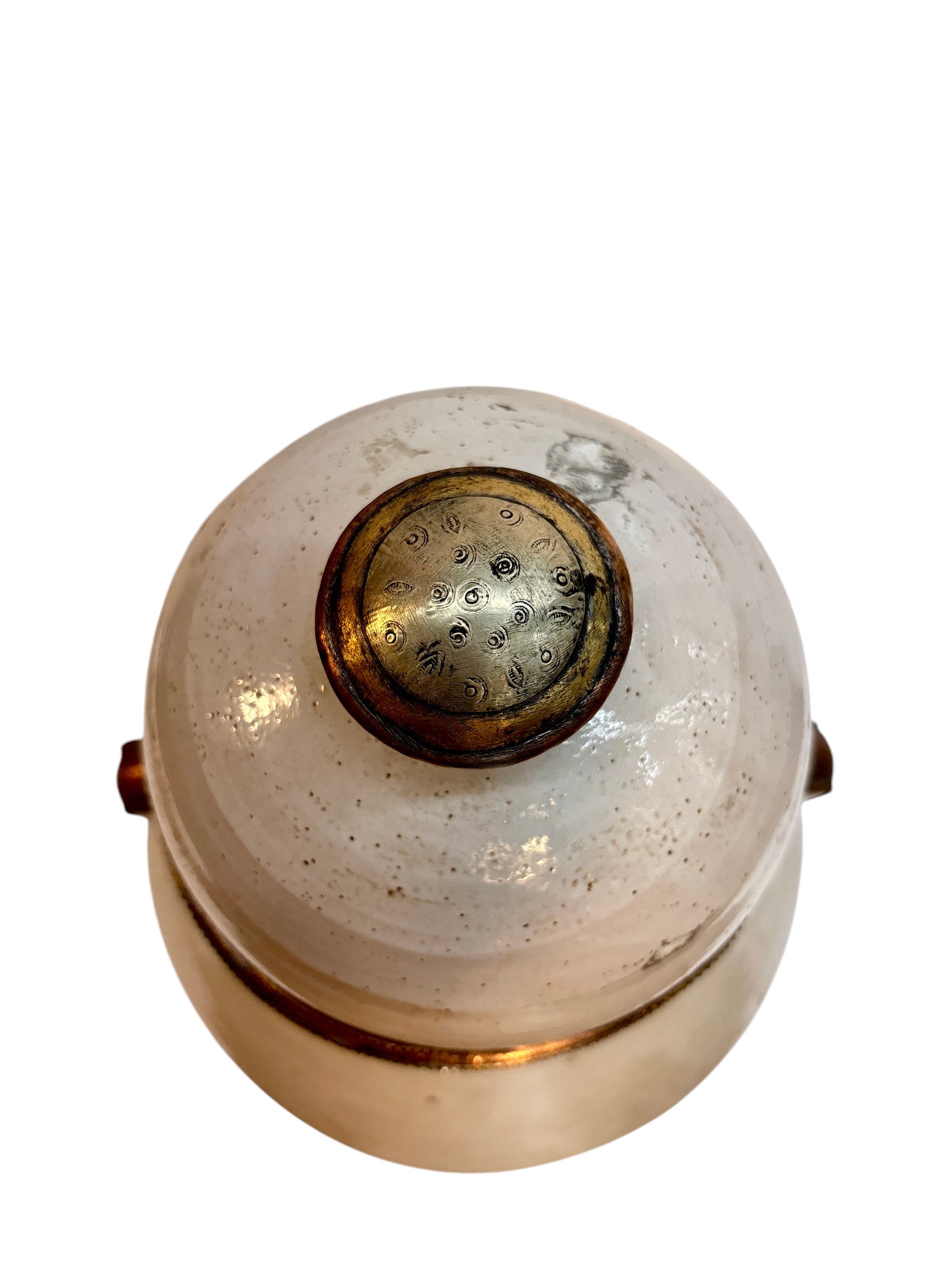 Moroccan Cream-Glazed Handled Lidded Urn with Brass Metalwork Collar